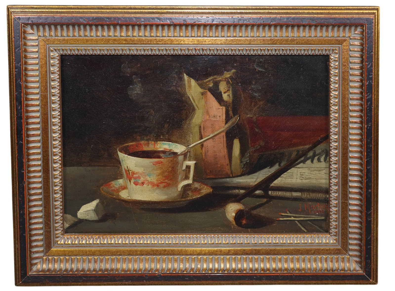 French oil on canvas still life painting with a coffee cup: French oil on canvas still life painting with a coffee cup. Signed lower right J Morlon. Mid 20th century. Framed: 13 3/8"h x 17 3/4"w Sight: 8 5/8"h x 13"w Weight: 3lbs