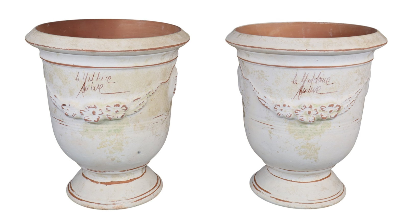 Pair of petite French Anduze La Madeleine glazed terra cotta garden urns in white (1 of 8)