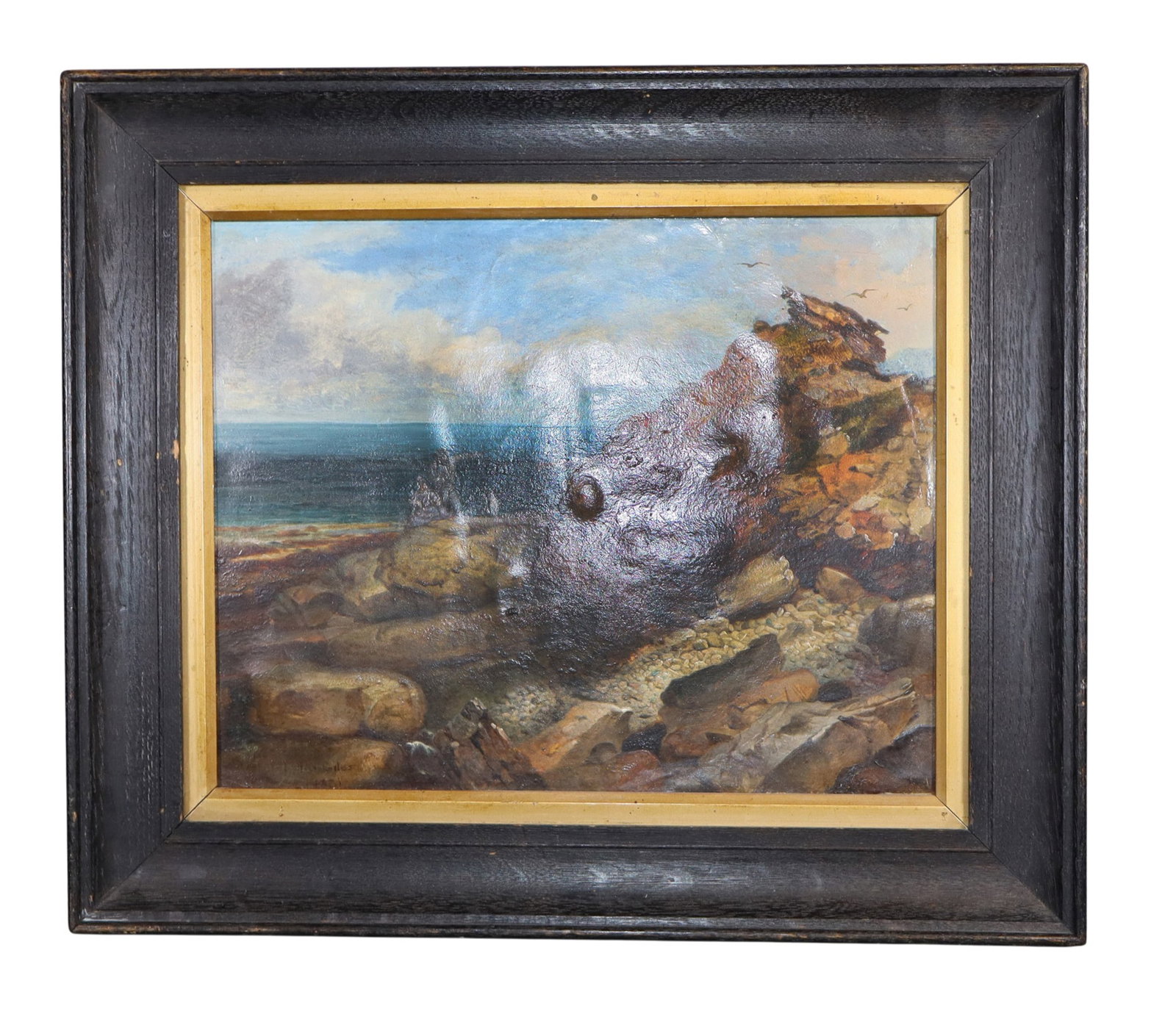 Continental oil on board coastal landscape painting: Continental oil on board coastal landscape painting. Signed and dated 1870 l/l . 13"h x 15"w Sight: 8 3/4"h x 11"w. Weight: 2lbs