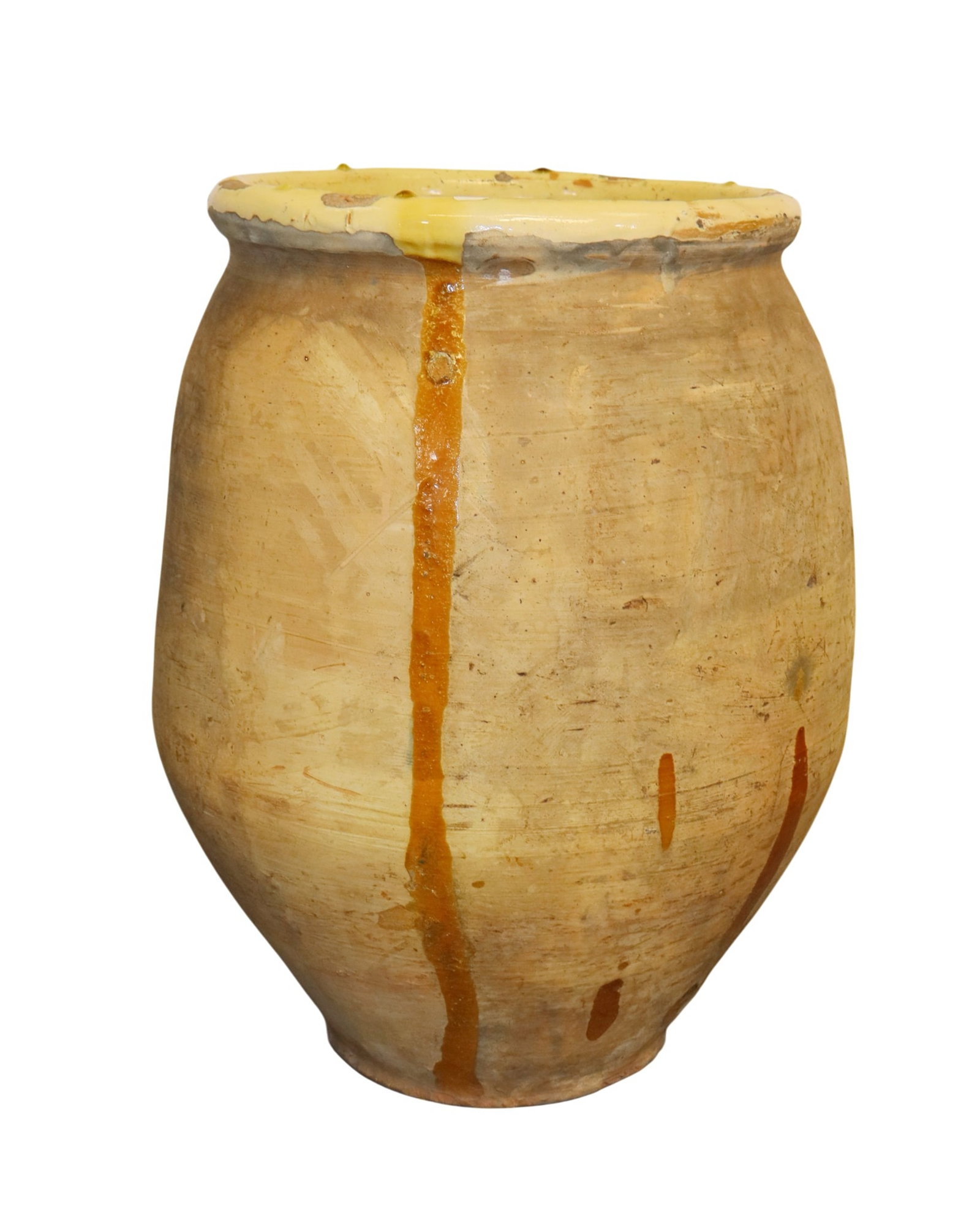 French glazed terra cotta biot jar: French glazed terra cotta biot jar. Early 20th century. 21 5/8"h x 16 3/8"diam (approx)