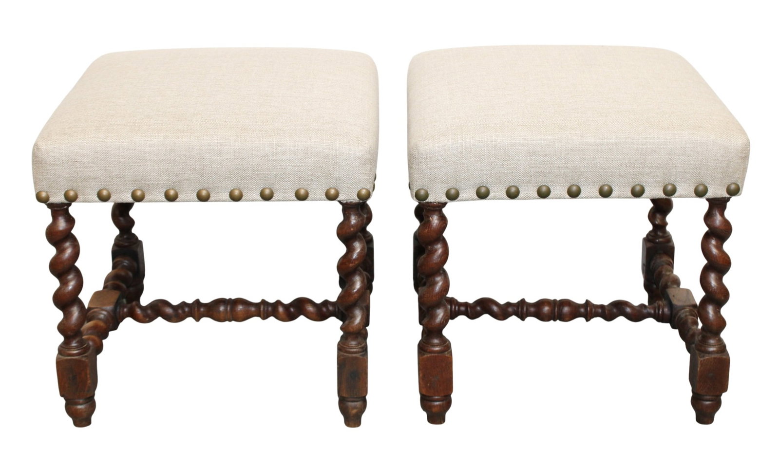 Pair of English oak barley twist stools with studded linen seats (1 of 5)