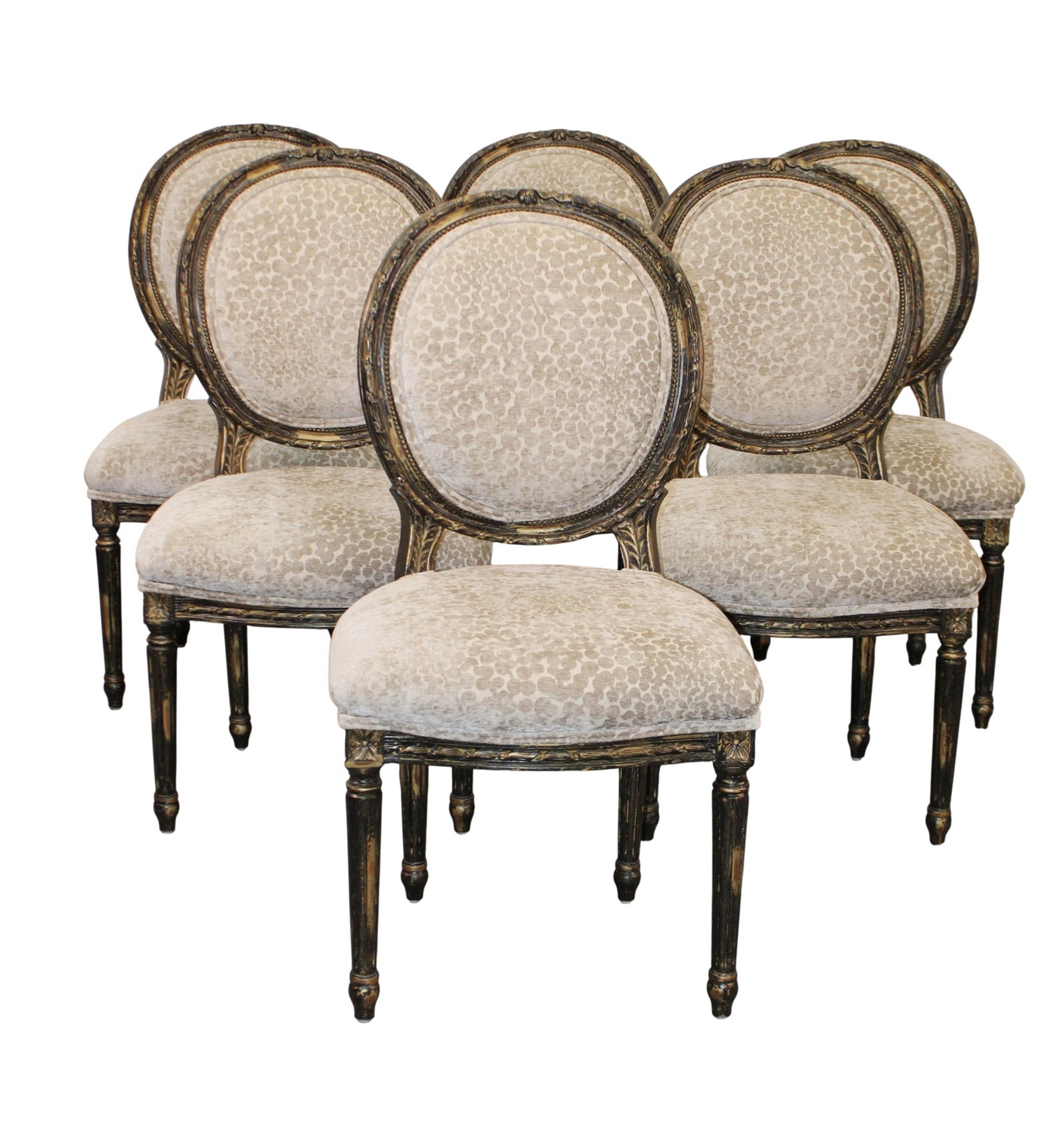 Set of 6 French Louis XVI style balloon back dining chairs: Set of 6 French Louis XVI style balloon back dining chairs. 39 1/4"h x 21"w x 19 1/2"d x 19 1/2" seat H