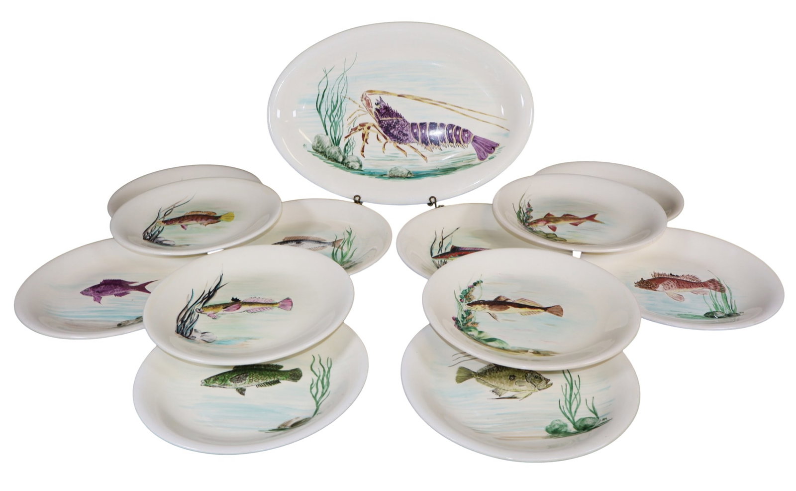 Set of 12 French hand painted plates and a platter with fish and shellfish (1 of 9)