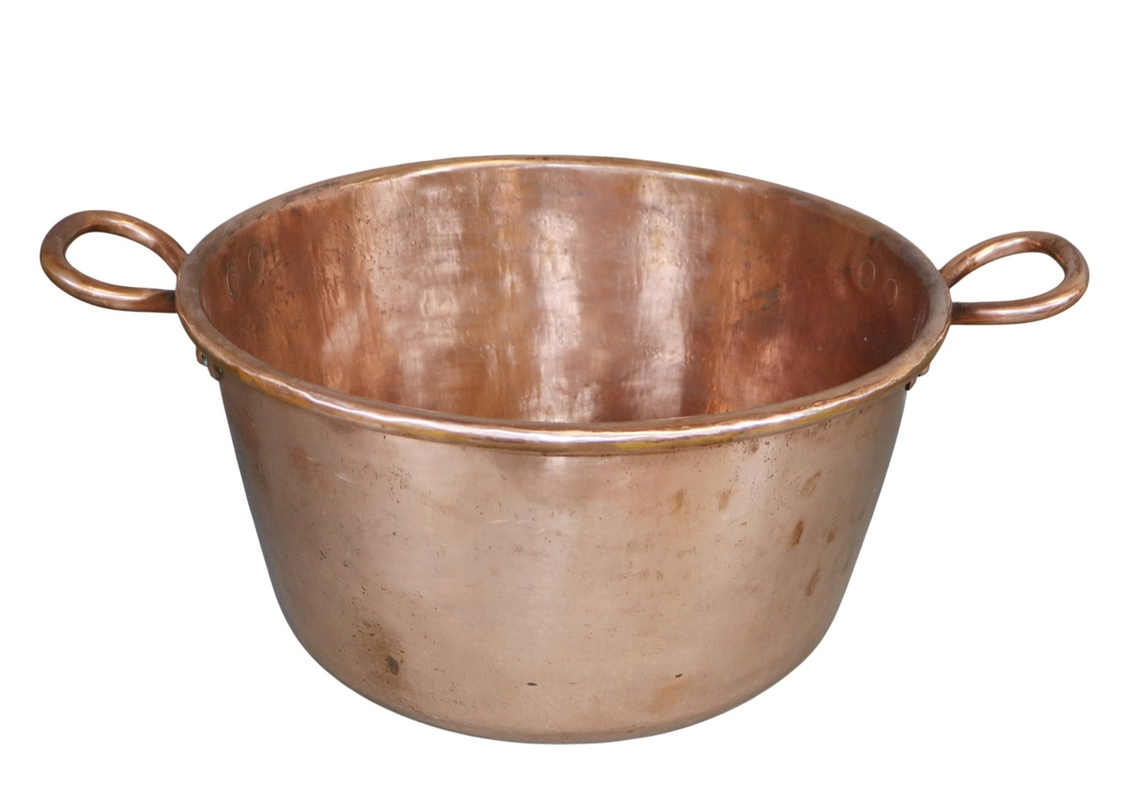 French copper pot with handles: French copper pot with handles. 19th century. 8"h x 19 1/2"w x 14 1/2"dia Weight: 8lbs