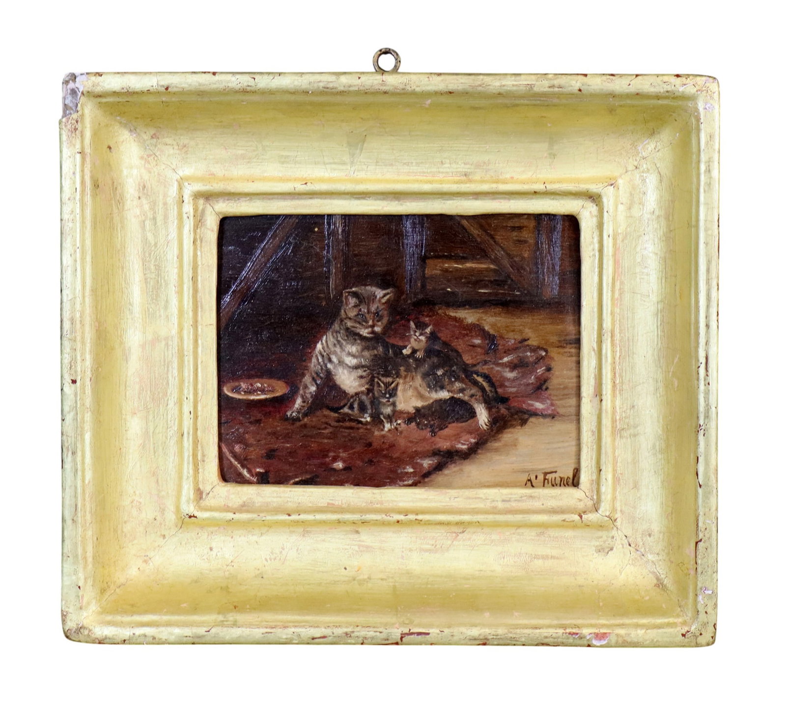 Small French oil on board painting of a cat and kittens: Small French oil on board painting of a cat and kittens. Signed l/r A. Funel. Framed 8 1/2"h x 10"w Sight: 4"h x 5 5/8"w. Weight 1lb
