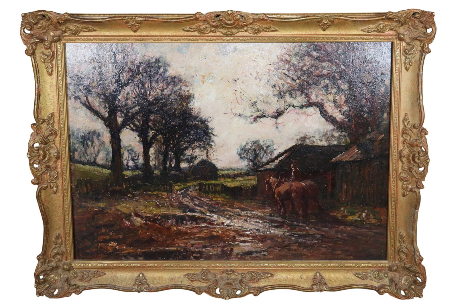Continental oil on board pastoral landscape painting with horse: Continental oil on board pastoral landscape painting with horse. Signed l/l. Later 19th century. Framed: 22"h x 28"w Sight: 17 3/8"h x 23 1/4"w Weight: 7lbs