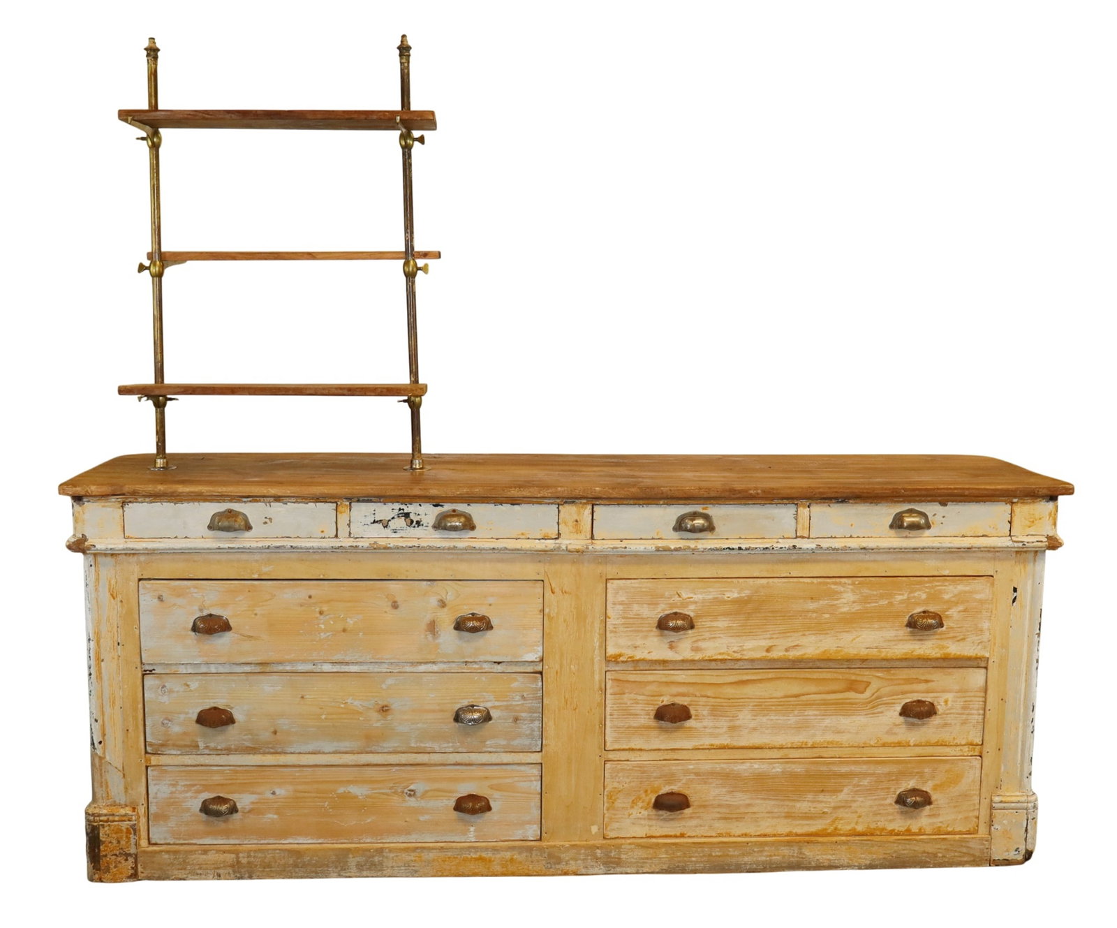 French multi drawer shop counter in pine with wood shelves and brass brackets (1 of 8)