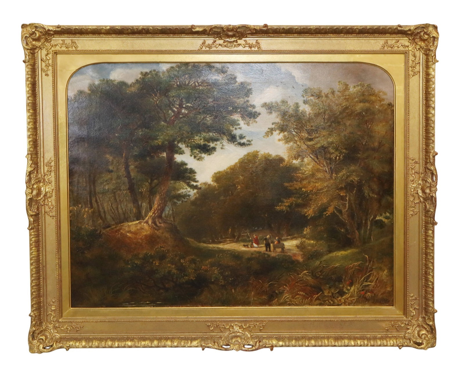 Large scale oil on canvas painting landscape with travelers on wooded path (1 of 7)