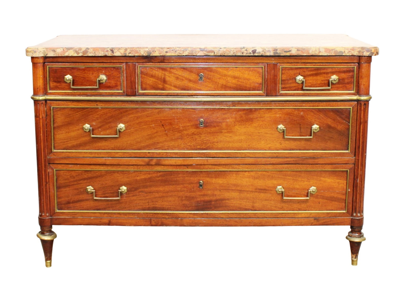 French Louis XVI 3 drawer commode in walnut with bronze banded drawers and mottled marble top (1 of 9)