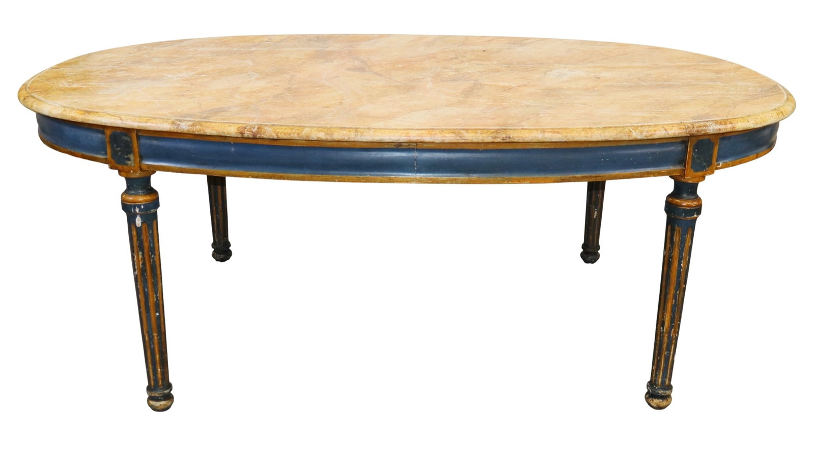 Italian Louis XVI style oval dining table with painted faux marble top on fluted legs: Italian Louis XVI style oval dining table with painted faux marble top on fluted legs. 19th century. 31 3/8"h x 83"w x 52 3/8"d