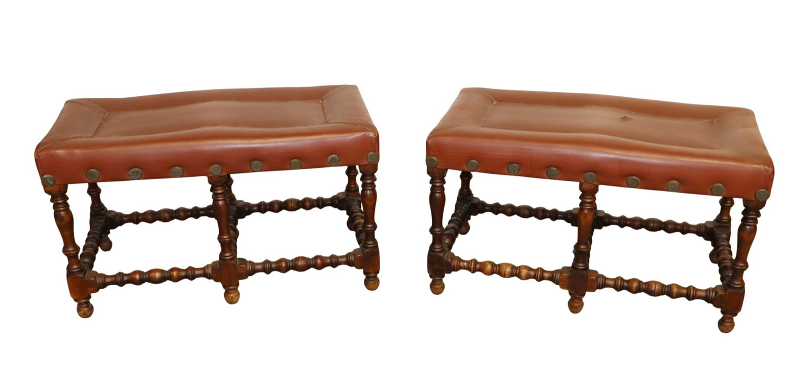 Pair of French 6 leg leather top stools in walnut: Pair of French 6 leg leather top stools in walnut. Late 19th century. 16"h x 28"w x 15"d each