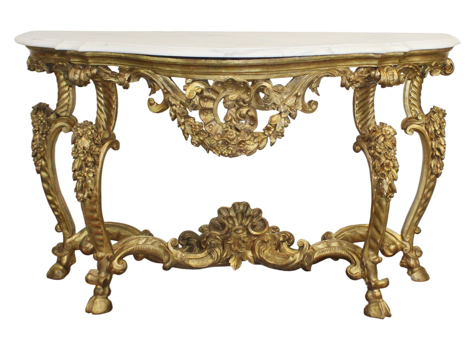 Italian giltwood console table with marble top and cloven feet: Italian giltwood console table with marble top and cloven feet. 19th century. 37 1/2"h x 63 3/4"w x 25 1/4"d