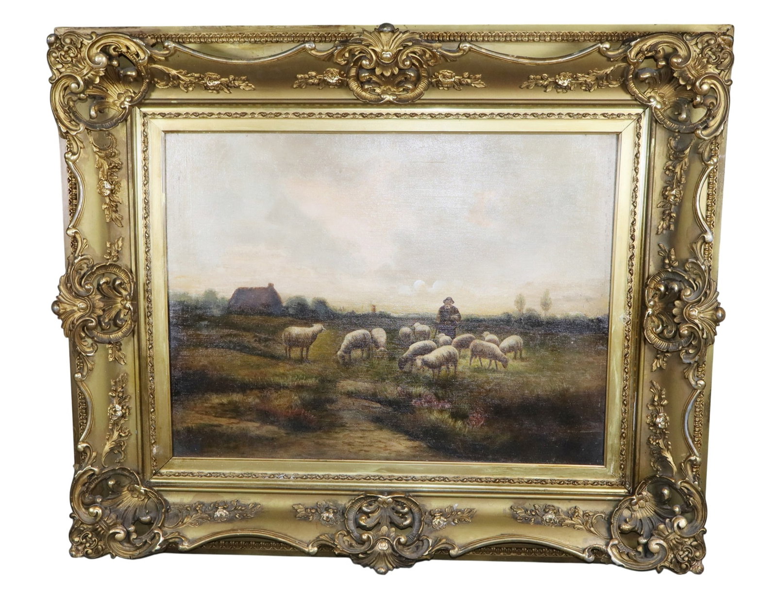 Continental oil on canvas painting pastoral landscape with sheep: Continental oil on canvas painting pastoral landscape with sheep. Apparently unsigned. Early 20th century. Sight size measures 17 1/2"h x 23 1/2"w Overall measurement is 28 1/4"h x 34 1/2"w.