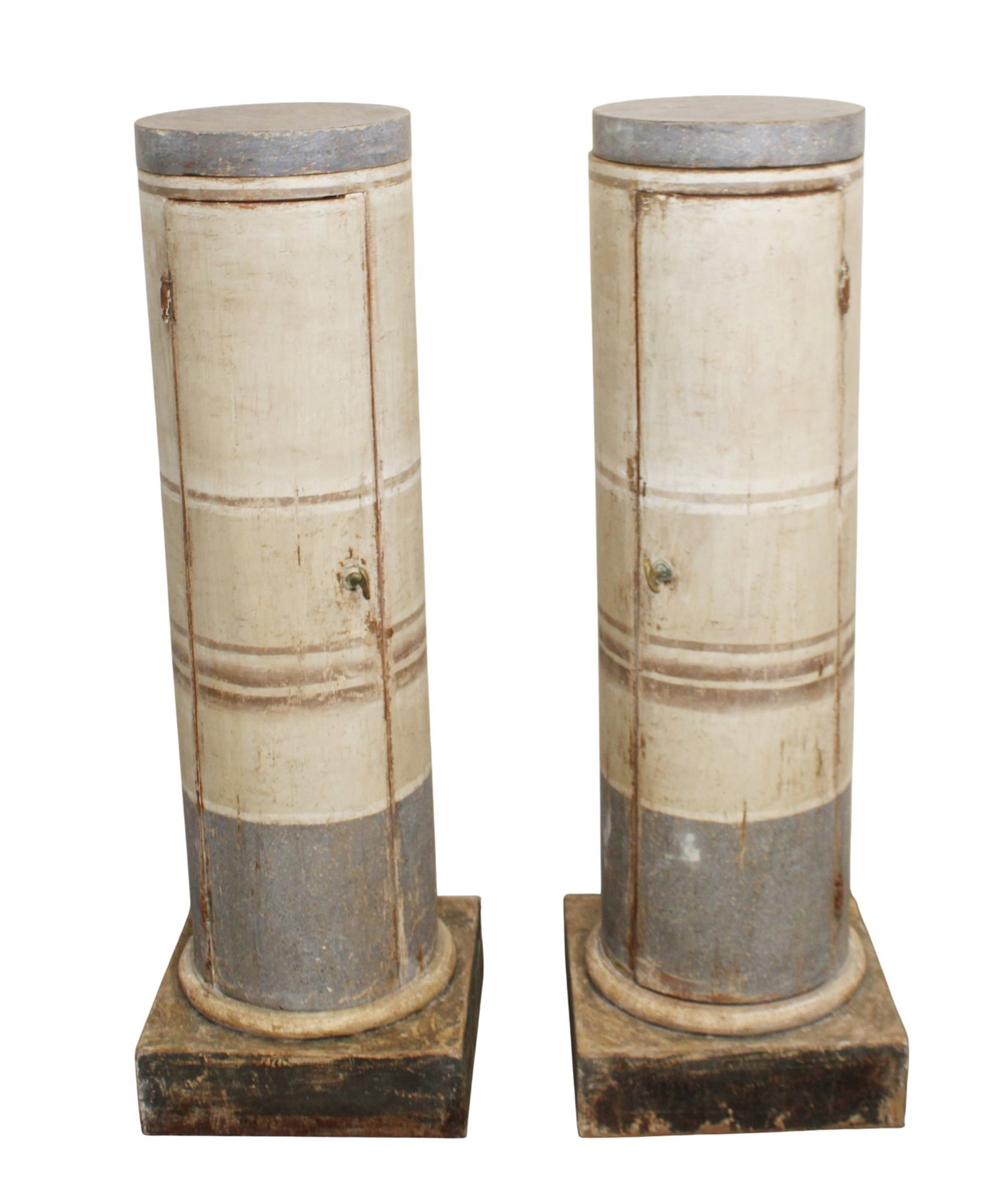 Pair of Italian painted cylinder pedestal cabinets and rotating exhibition top: Pair of Italian painted cylinder pedestal cabinets and rotating exhibition top. 48 1/4"h x 15 3/4"sqaure at the base. Top measures 12 1/2" dia