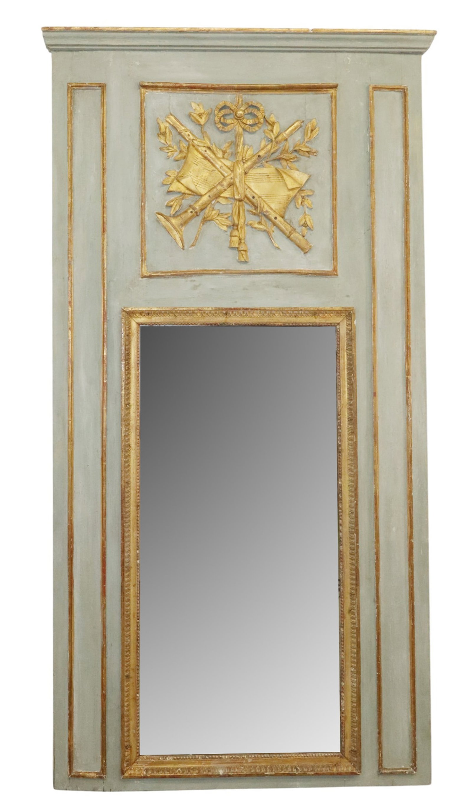 French trumeau mirror with raised gilt musical crest on painted field (1 of 6)