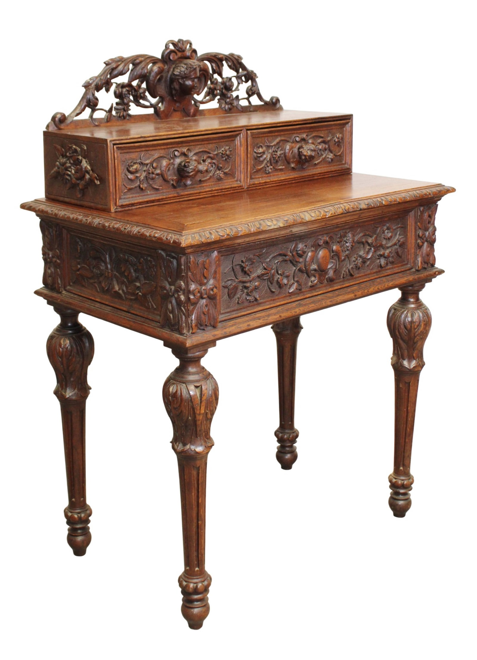 Rare French bureau de changer desk in carved oak with dog heads (1 of 11)