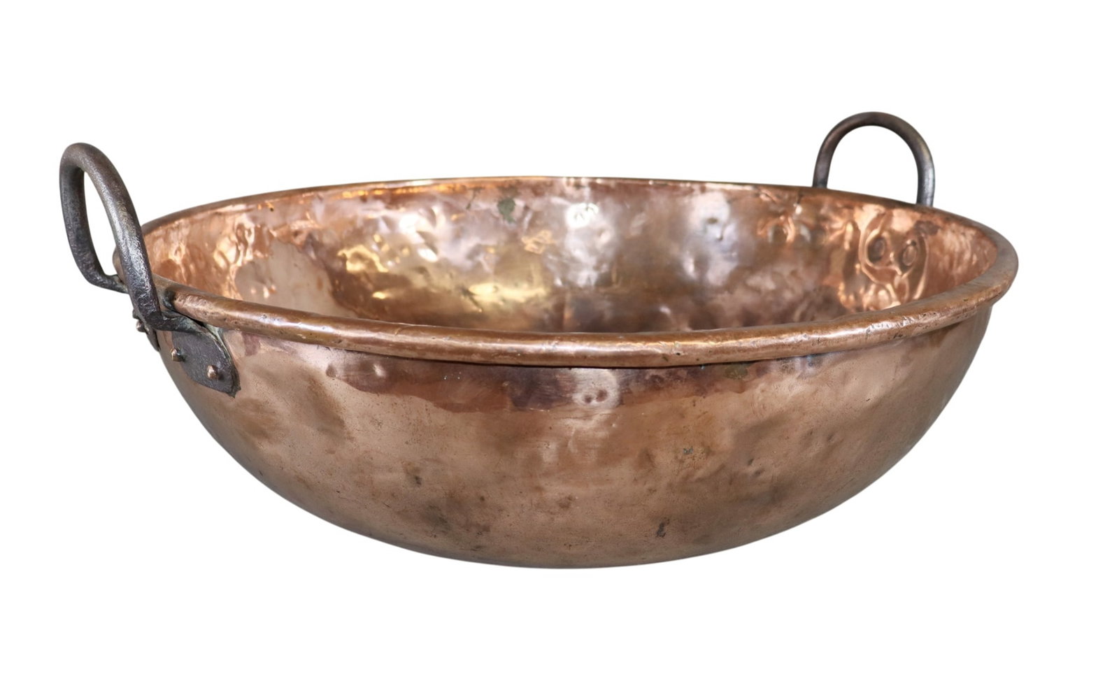 Large French hammered copper "cul de poule" mixing bowl with iron handles (1 of 9)