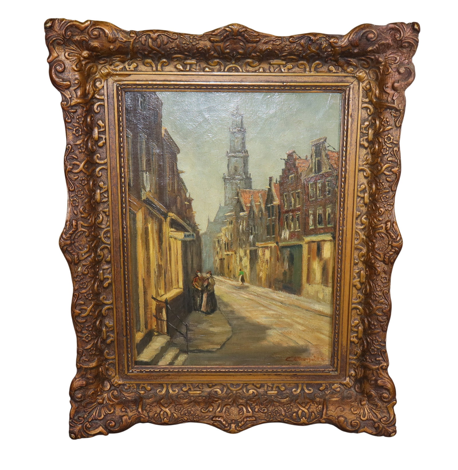 Dutch C. Bongaers oil on canvas painting street scene: Dutch C. Bongaers oil on canvas painting of street scene. 19th century. Signed l/r. Framed: 21 5/8"h x 17 3/4"w Sight: 15"h x 11"w Weight: 5lbs