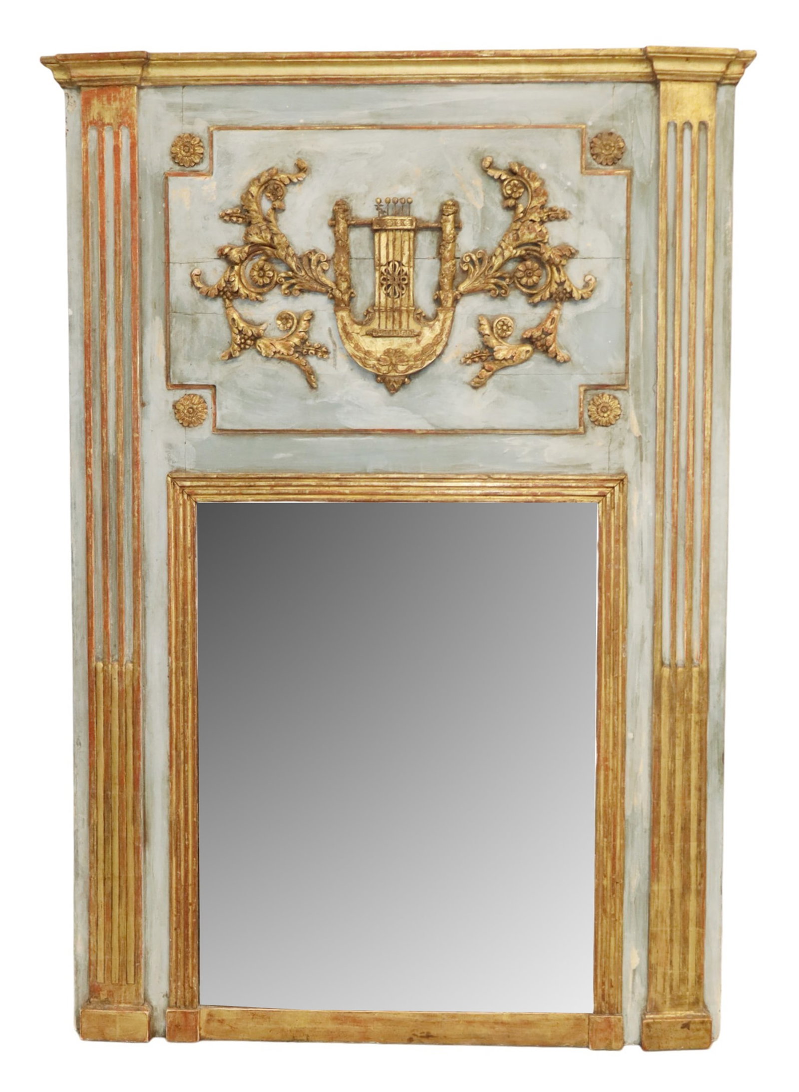 French Louis XVI painted trumeau mirror with gilt relief decoration depicting a lyre and scrolls (1 of 6)