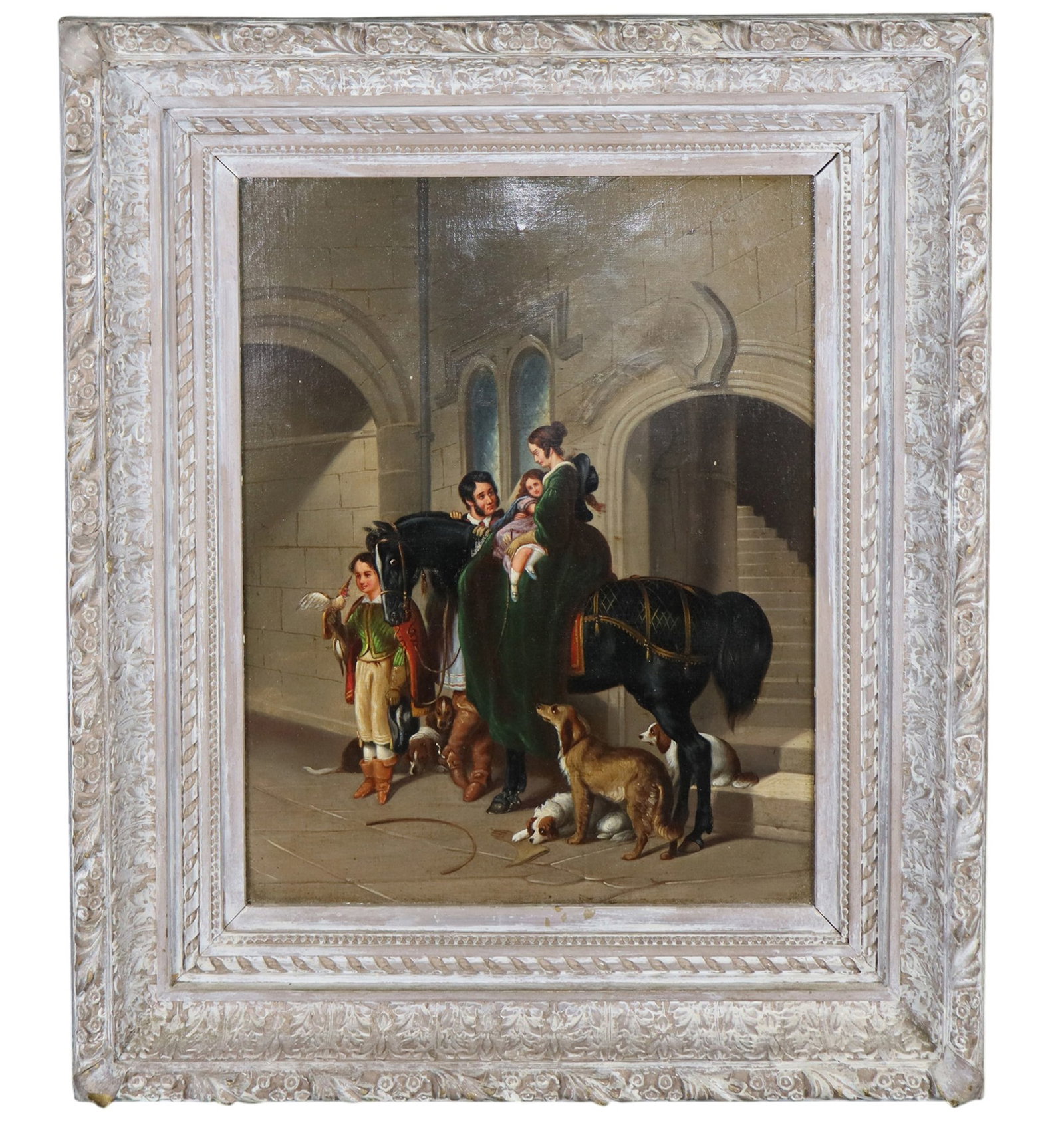 Oil on canvas painting after Sir Edwin Henry Landseer's "Return from Hawking": Oil on canvas painting after Sir Edwin Henry Landseer's "Return from Hawking." Late 19th century. Framed: 28"h x 24 1/8"w Sight: 19 5/8"h x 15 5/8"w Weight: 12lbs