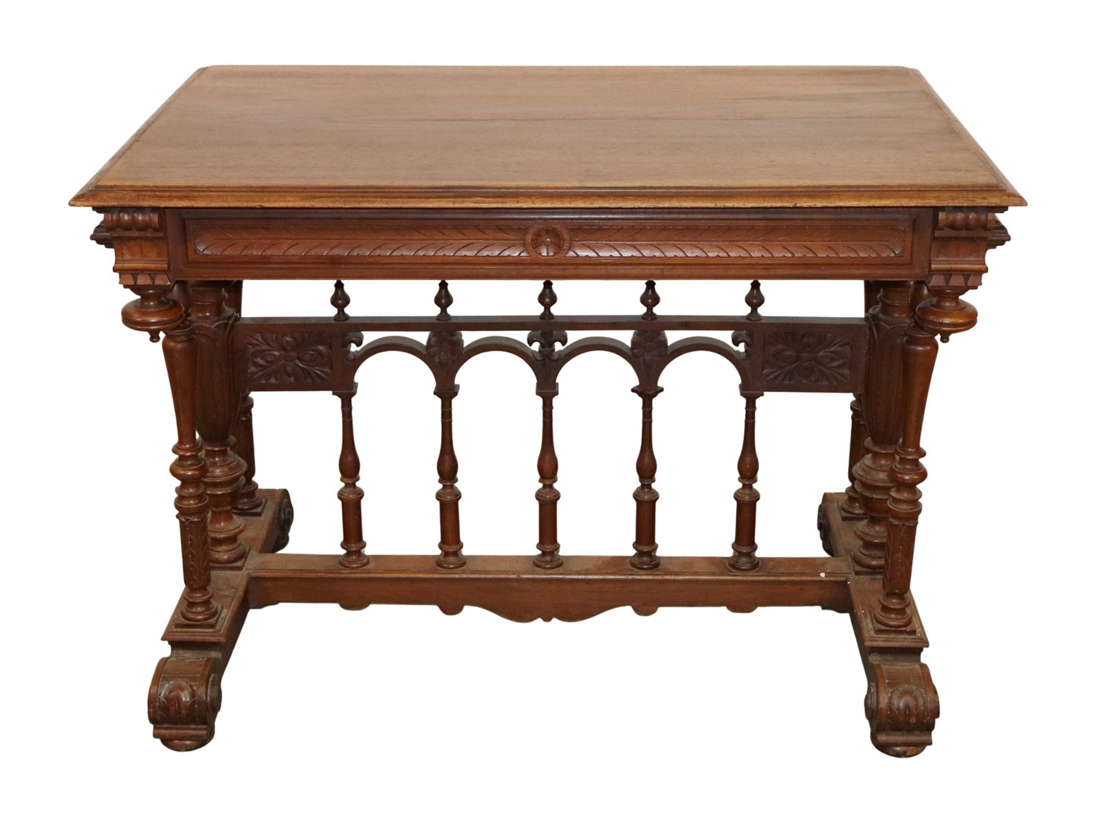 French writing table with an arch colonnade stretcher and turned legs (1 of 7)