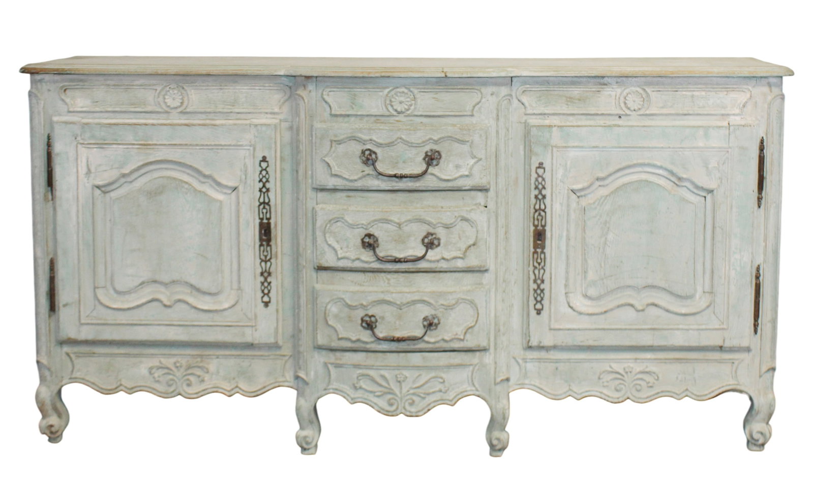 French Provincial curved front sideboard in oak with center drawers and a rubbed blue finish (1 of 5)