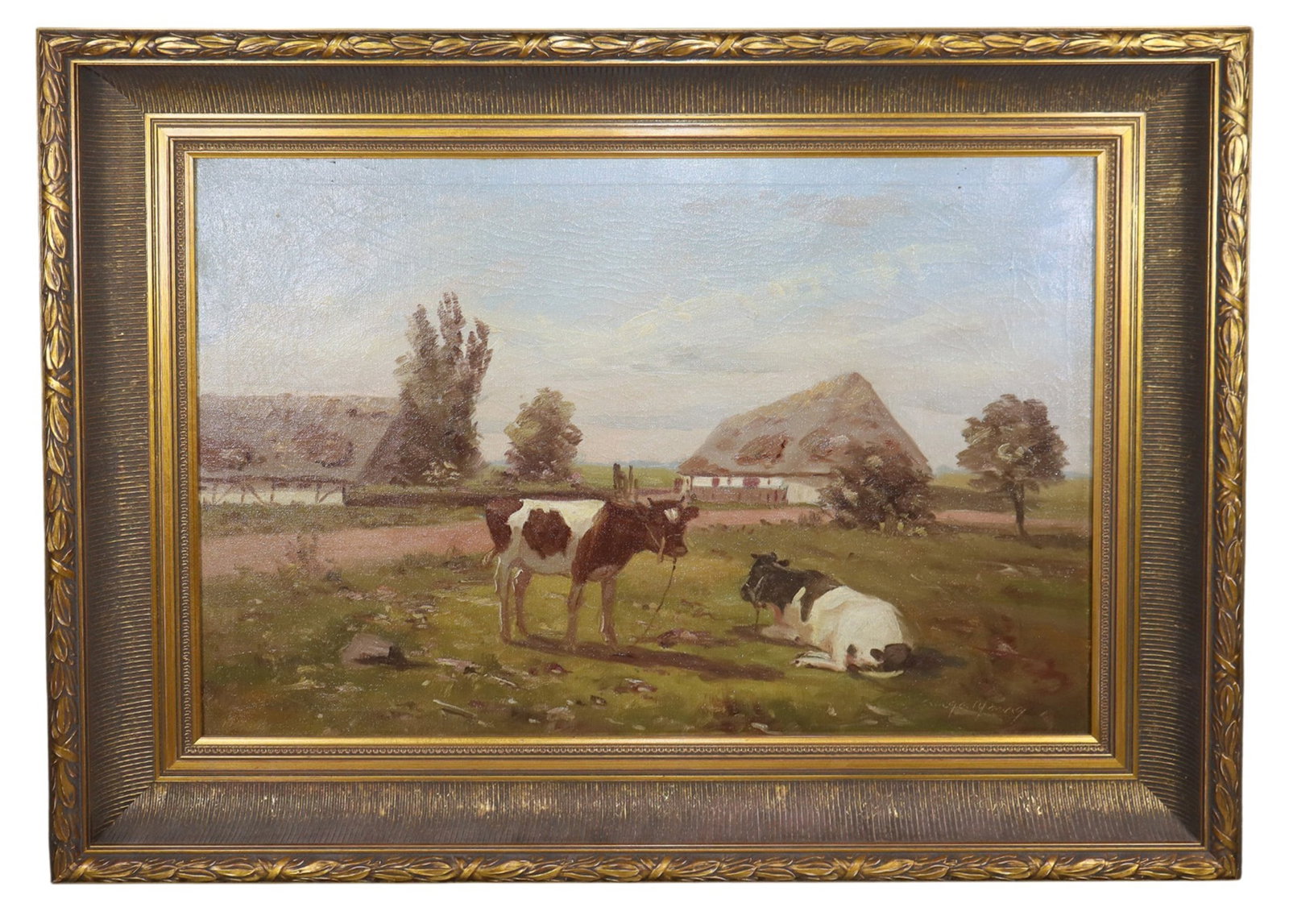 Danish oil on canvas pastoral landscape painting with cows (1 of 6)