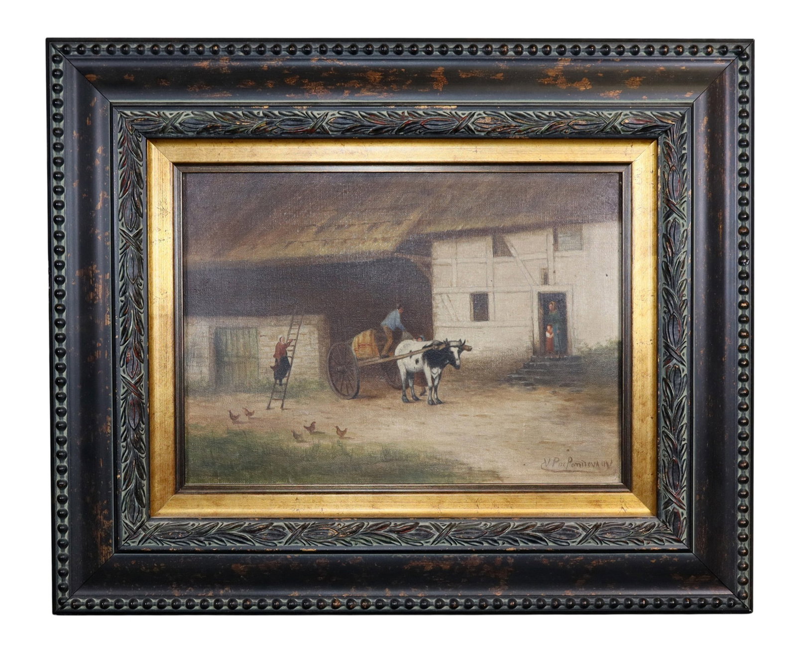 Continental oil on canvas pastoral village landscape painting: Continental oil on canvas pastoral village landscape painting. Signed l/r. Early 20th century. Frame: 17"h x 21"w Sight: 9 1/4"h x 13"w Weight: 5lbs