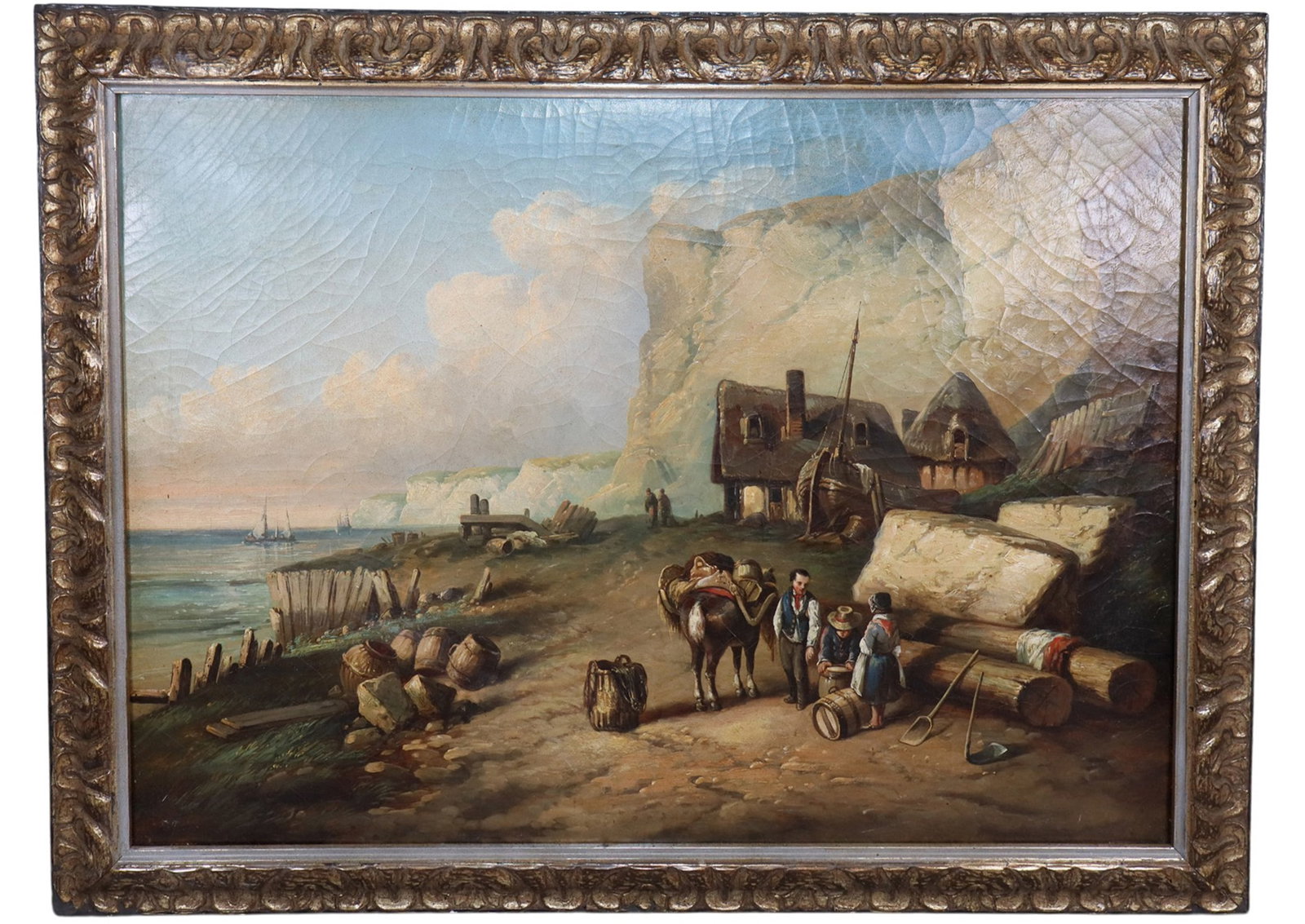 Continental oil on canvas landscape painting of coastal village scene (1 of 6)