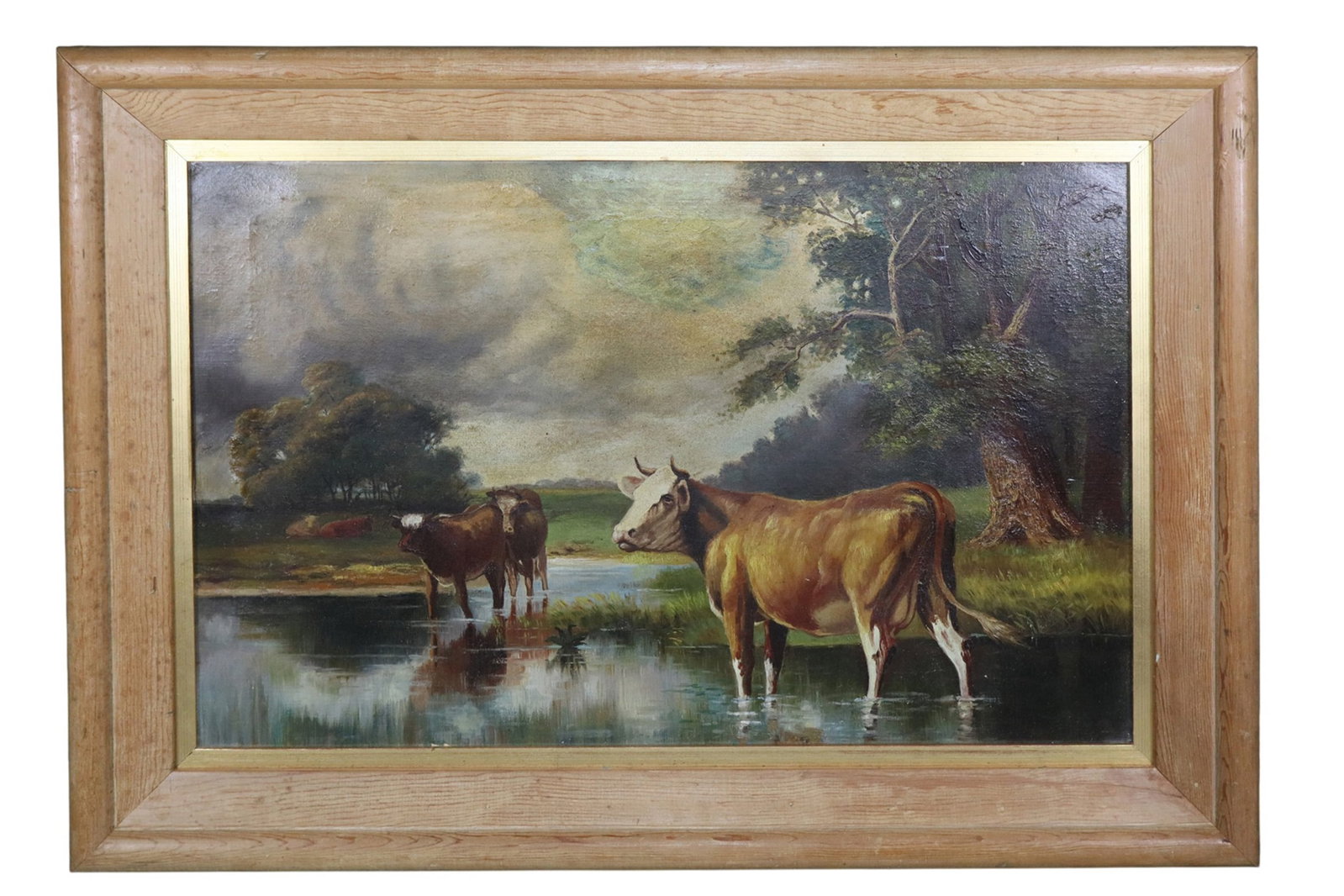 Continental oil on canvas pastoral landscape painting with cows in stream: Continental oil on canvas pastoral landscape painting with cows in stream. 21 3/4"h x 29 1/2"w Sight: 15 5/8"h x 23 1/2"w Weight: 6lbs