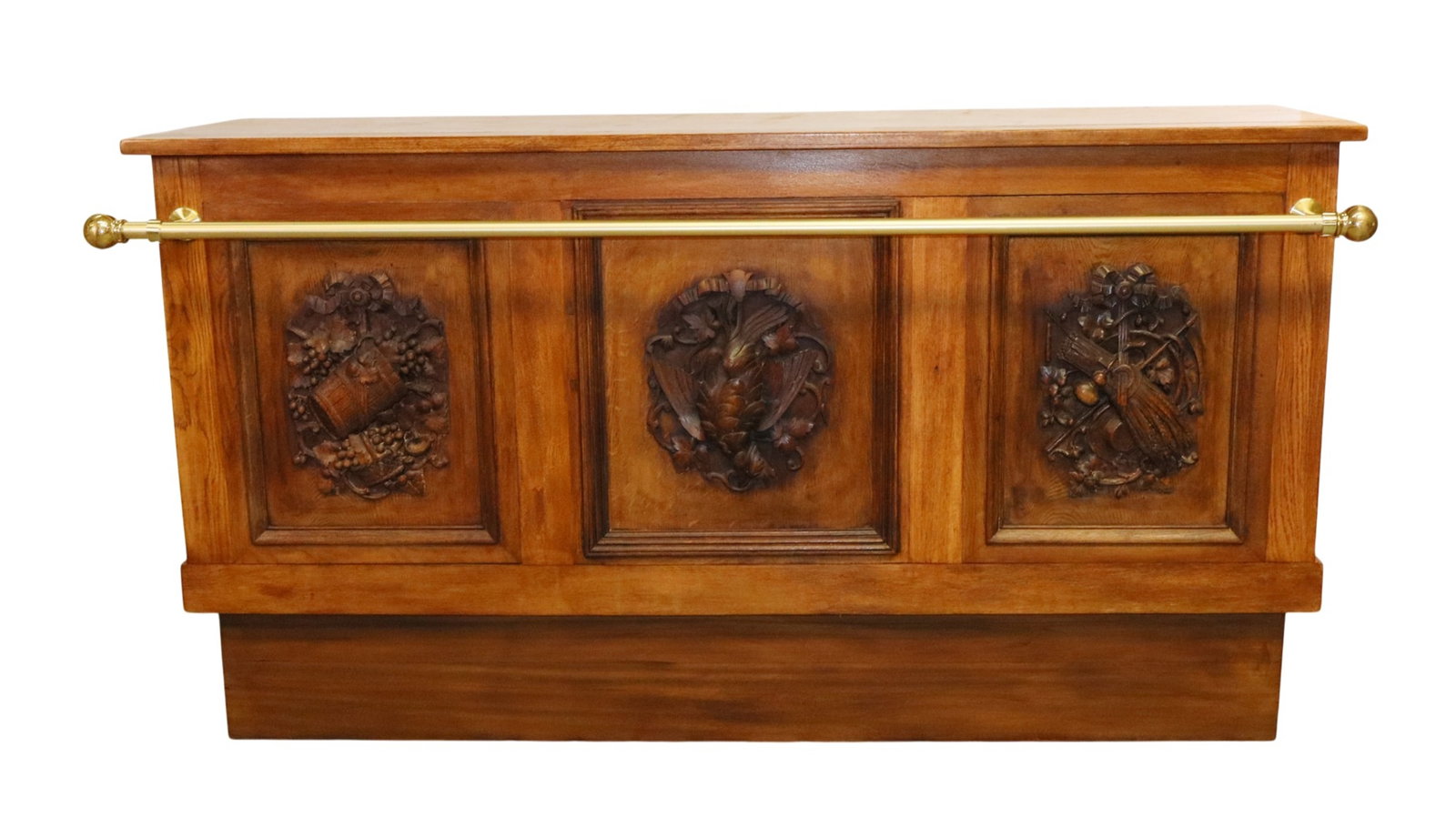 French front bar in mixed woods with brass rail and relief carved doors (1 of 8)