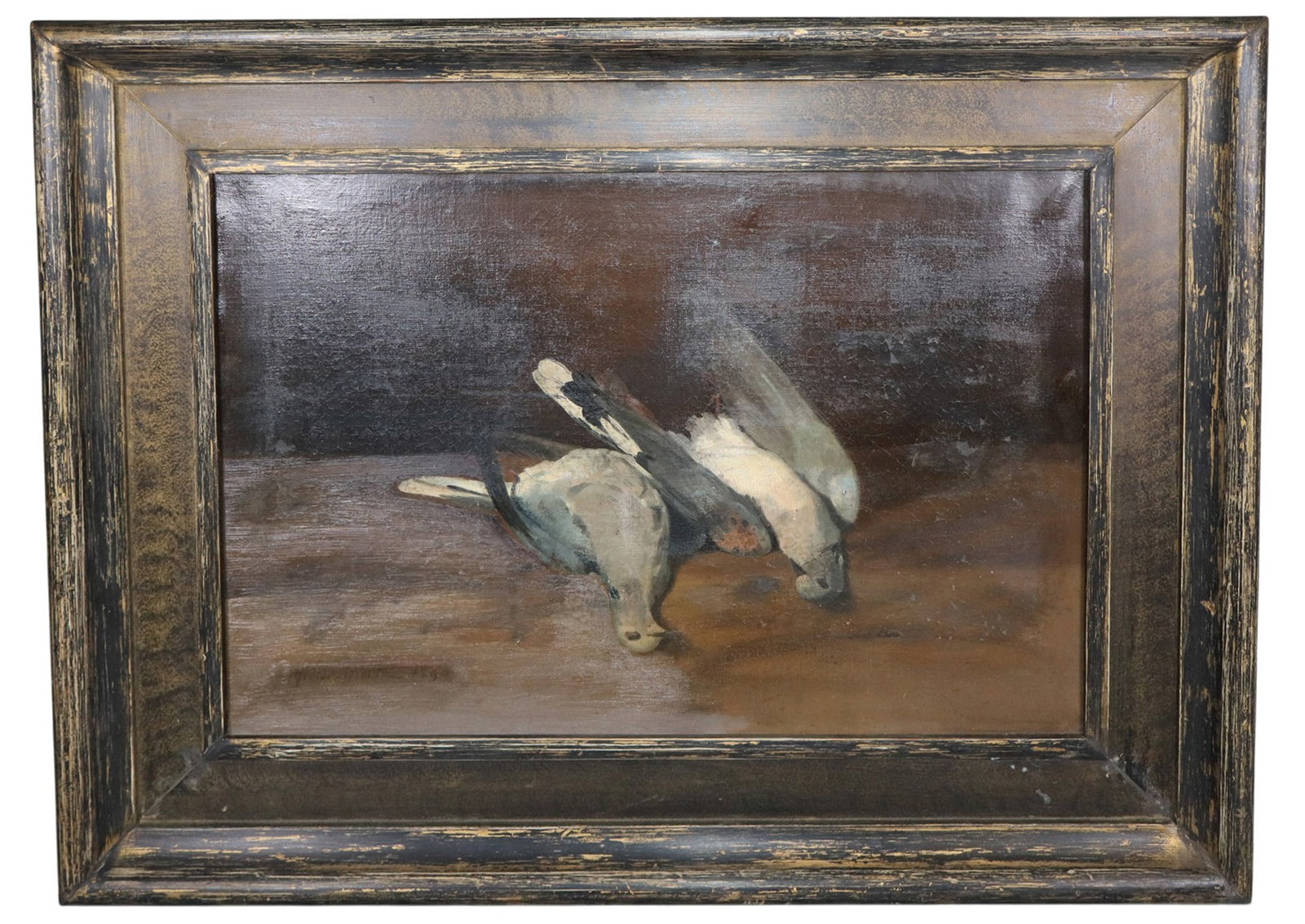 Continental oil on canvas still life painting with game: Continental oil on canvas still life painting with game. Signed and dated l/l. Late 19th century. Framed: 24"h x 31 3/8"w Sight: 15 1/2"h x 23"w Weight: 9lbs