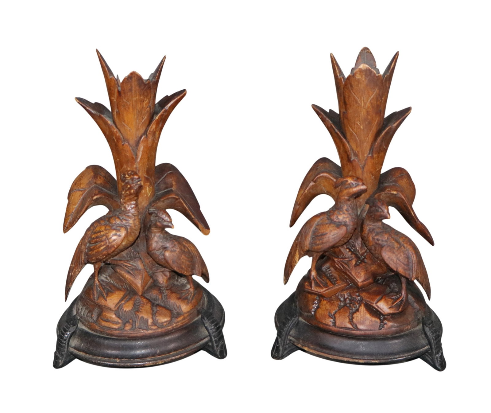 Pair of Black Forest carved walnut candle holders with birds in foliage (1 of 10)