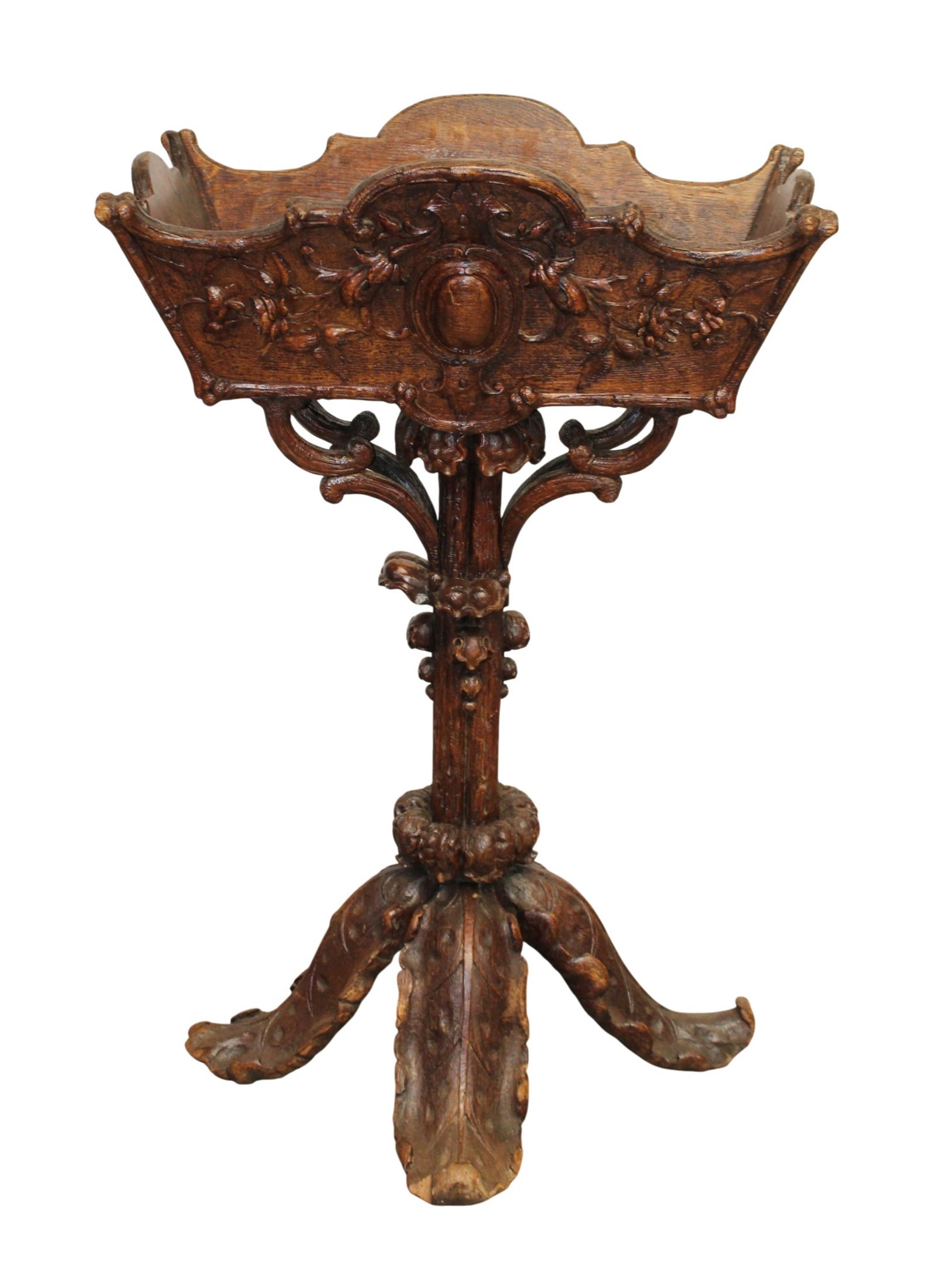 Black Forest carved oak pedestal base jardiniere: Black Forest carved oak pedestal base jardiniere. Late 19th century. 37"h x 24"sq at base