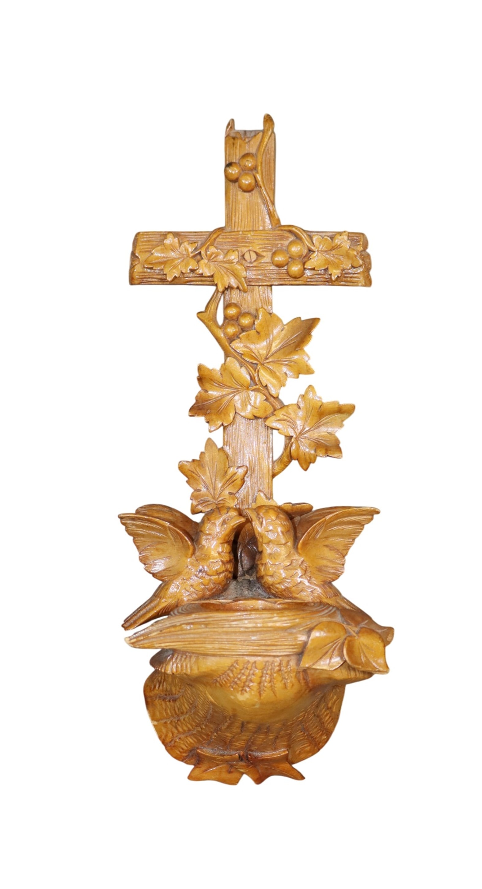 Black Forest carved walnut cross with grapevines and love birds (1 of 5)