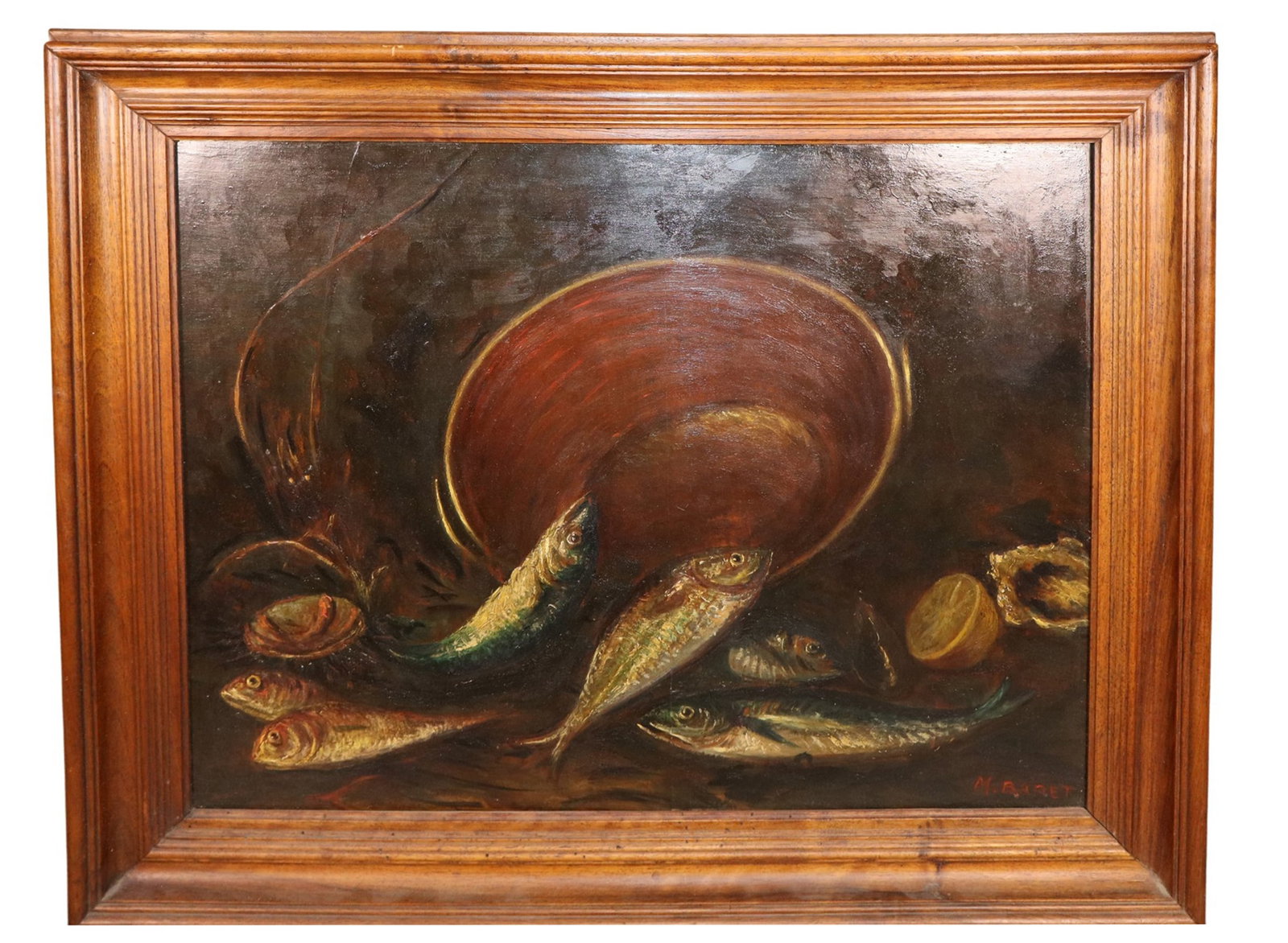 French oil on board still life painting with fish and copper pot: French oil on board still life with fish and copper pot. Signed l/r. Framed: 21 3/8"h x 25 3/8"w Sight: 16 1/4"h x 20"w Weight: 7lbs