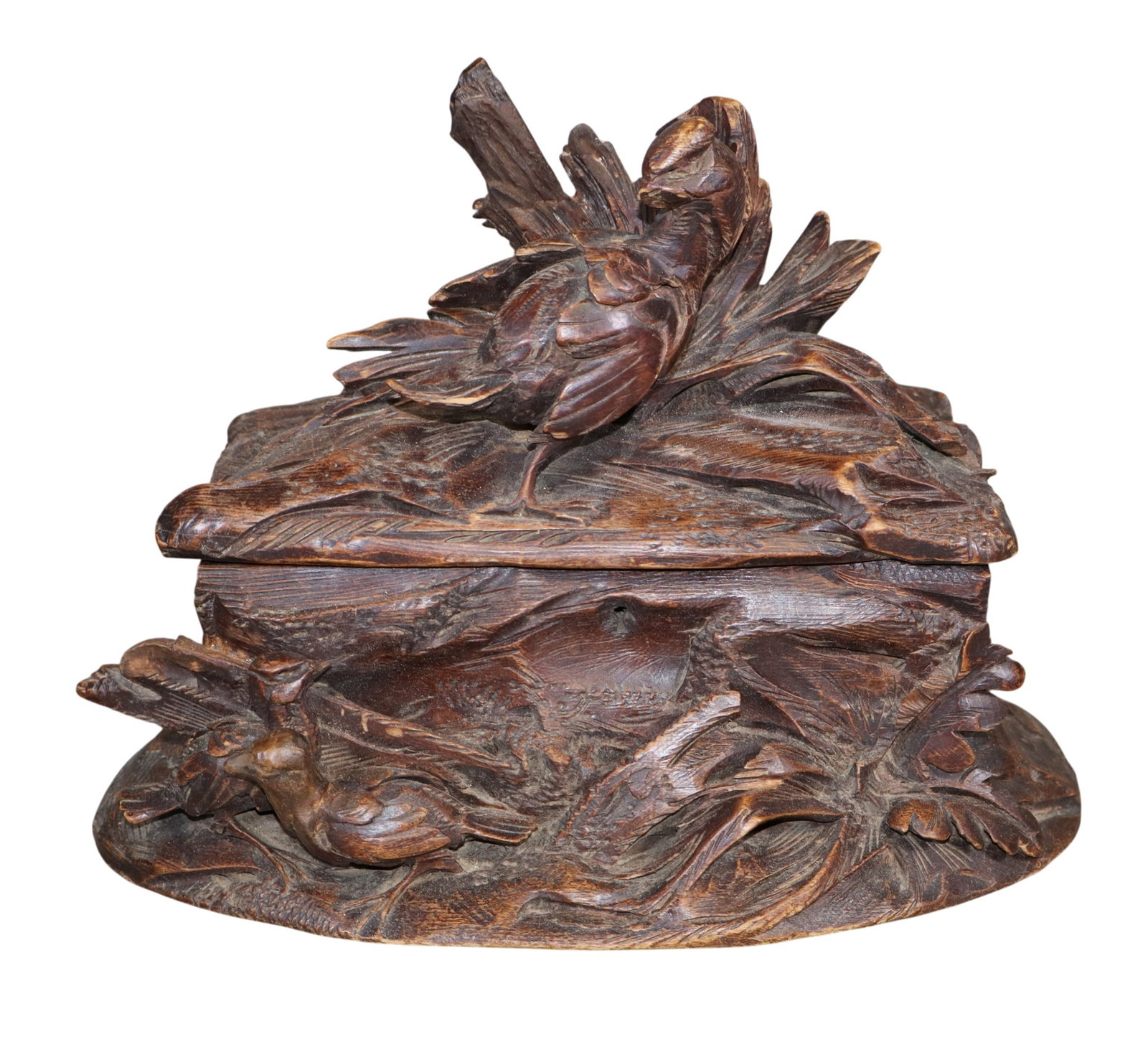 Black Forest dresser box in walnut carved with a bird and foliage (1 of 7)