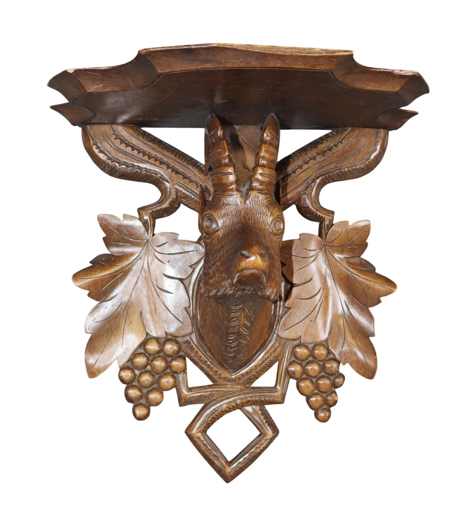 Black Forest carved walnut wall shelf with alpine deer and grapevines (1 of 5)