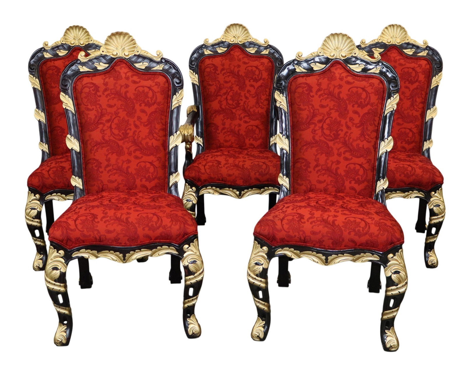 Set of 5 French Rococo style chairs with painted black finish and red upholstery (1 of 8)
