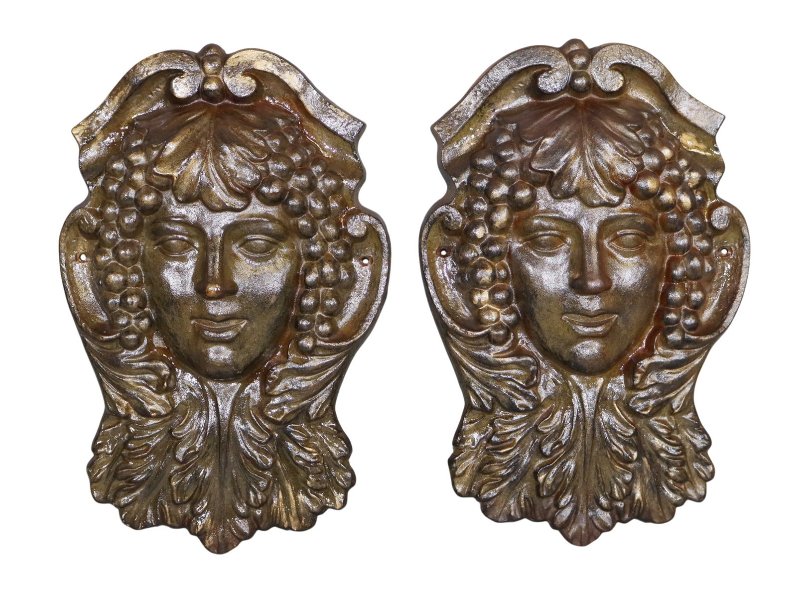 Pair of cast iron Bacchus mask plaques: Pair of cast iron Bacchus mask plaques. 15 5/8"h x 10 1/8"w x 2 3/4"d Weight: 16lbs total