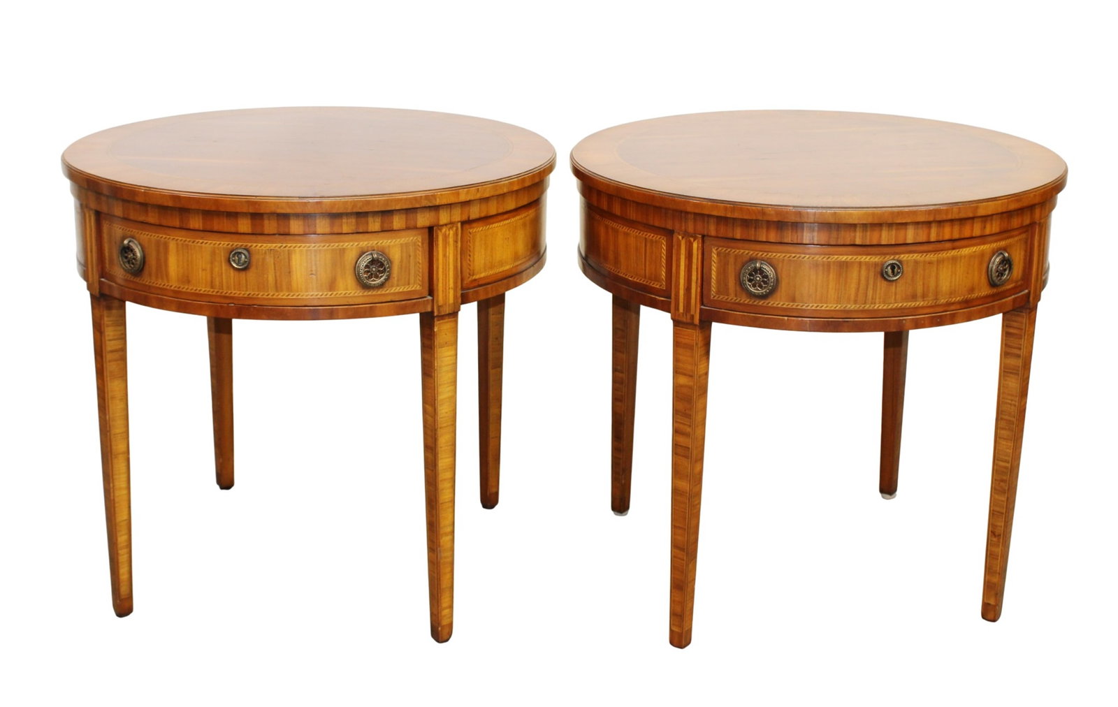 Pair of Alfonso Marina inlaid fruitwood round drum tables with single drawer (1 of 11)