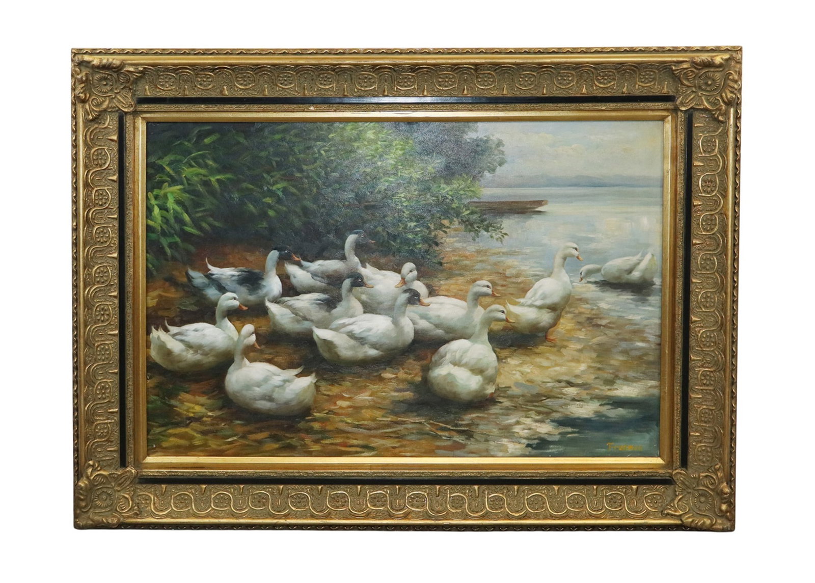 Large oil on canvas landscape painting with ducks by water (1 of 6)
