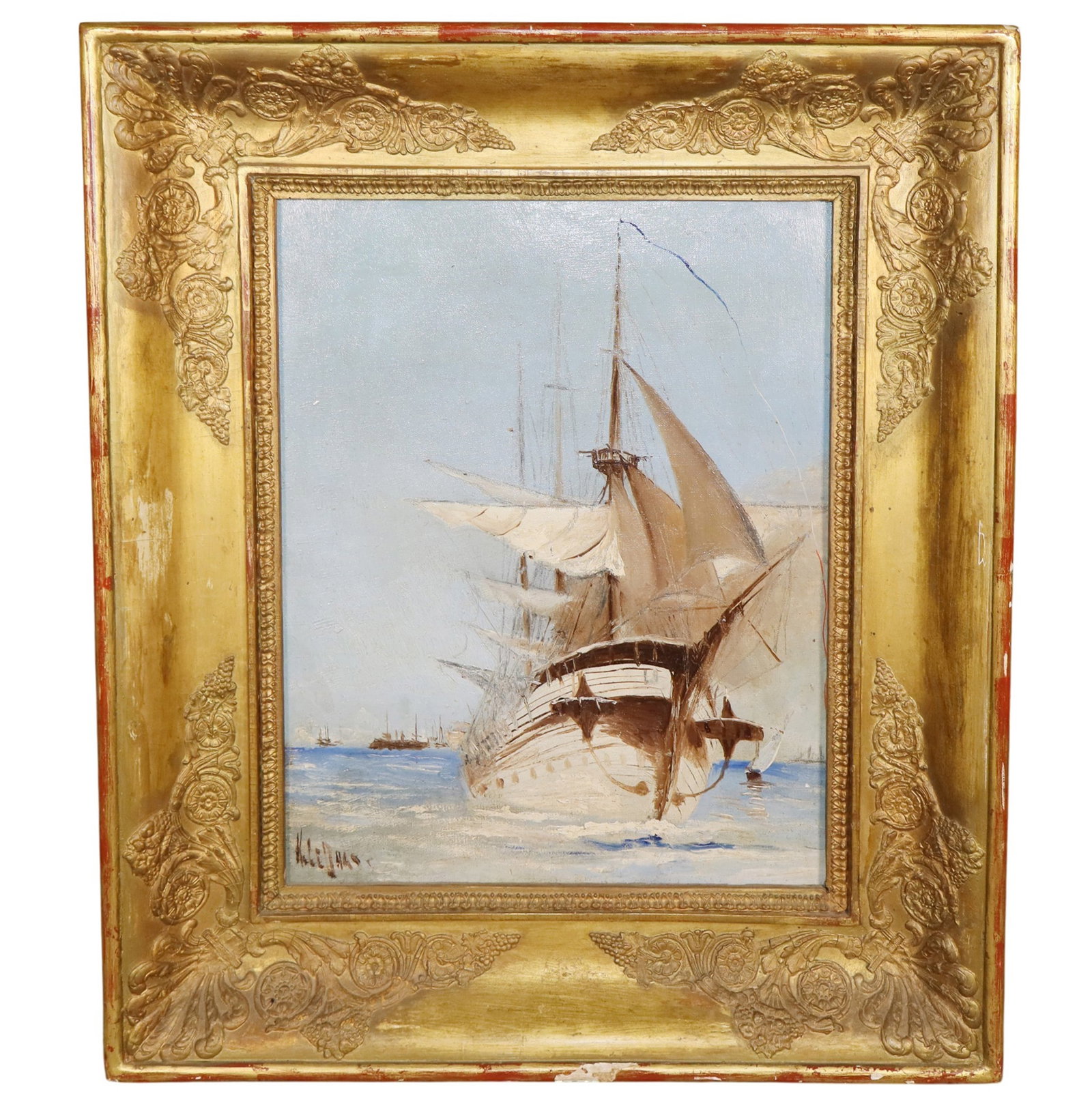 French oil on canvas maritime painting with sailing ship (1 of 5)