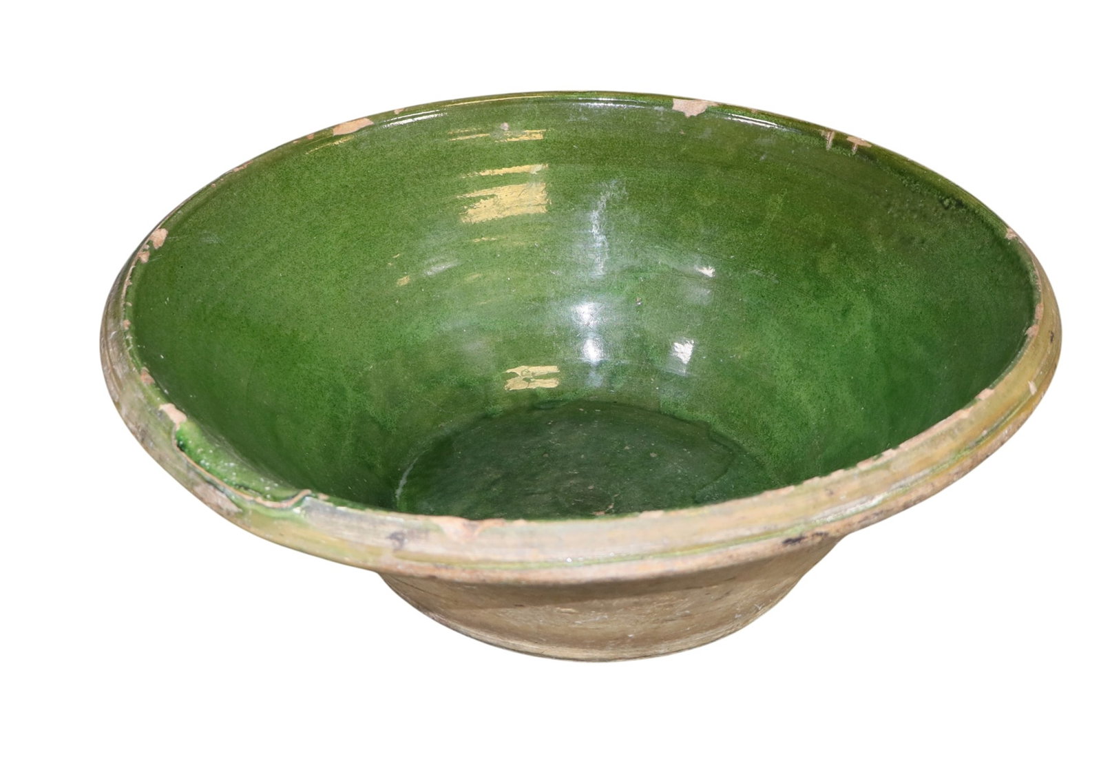 French green glazed terra cotta tian bowl: French green glazed terra cotta tian bowl. Early 20th century. 6 1/4"h 17 5/8"dia Weight: 9lbs