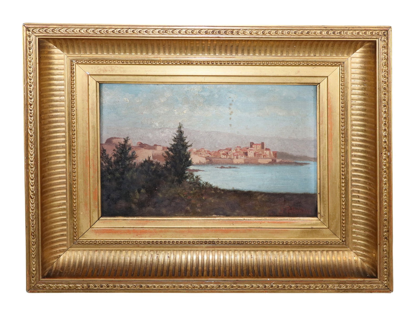 Diminutive French oil on canvas painting landscape with village by the sea (1 of 6)