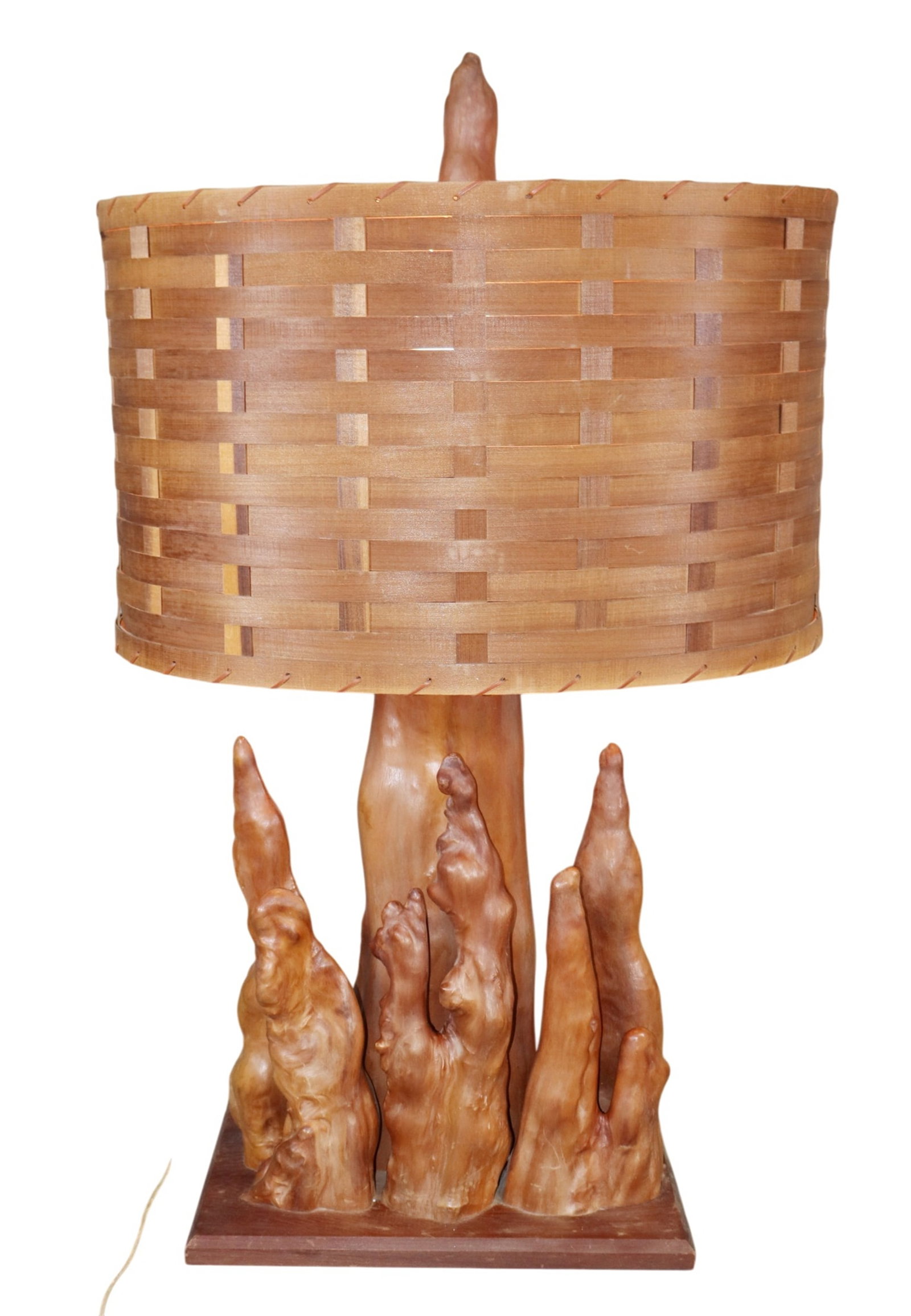 Mid Century driftwood style table lamp with cypress roots and basket weave shade (1 of 8)
