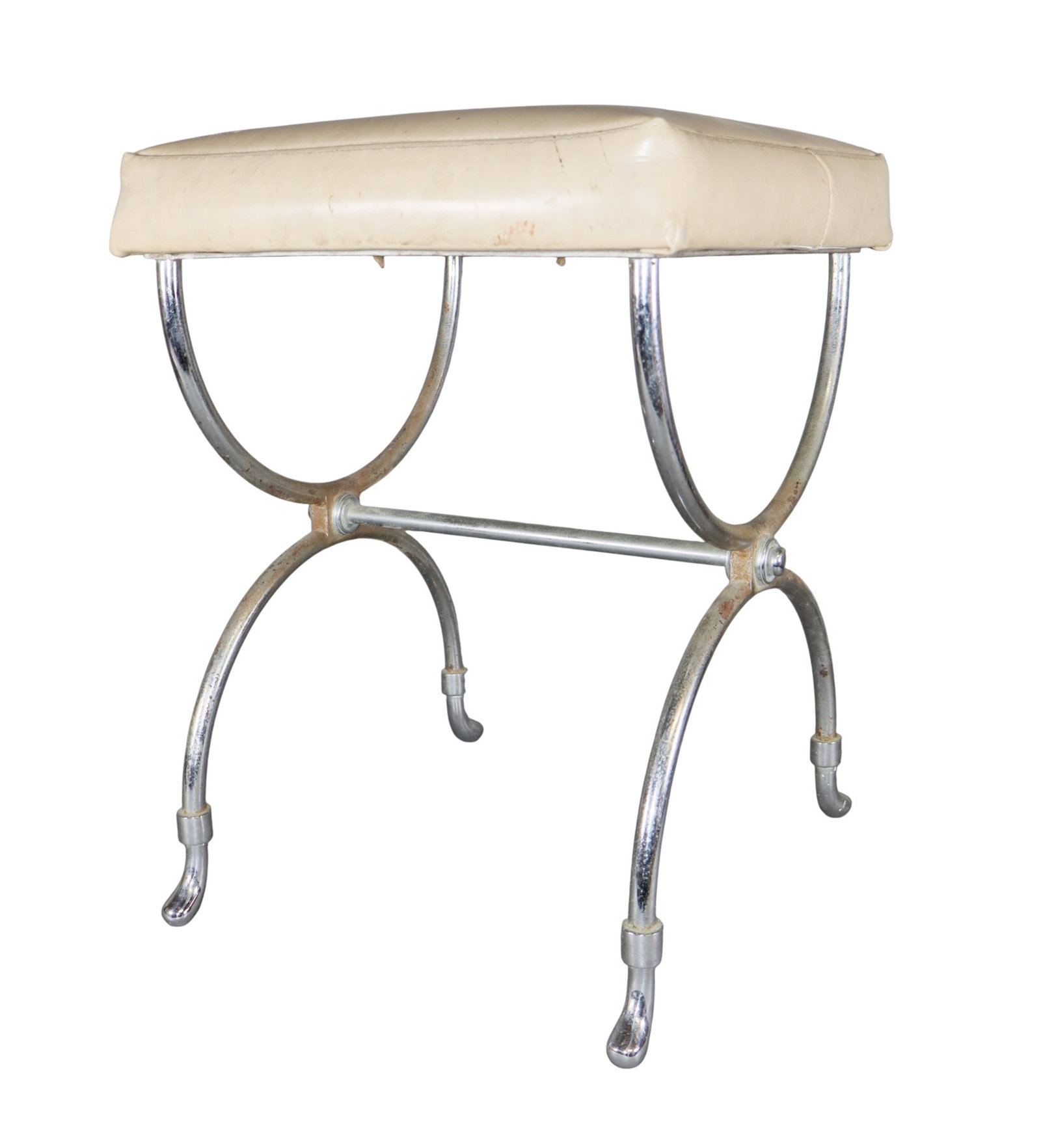 French mid century curule base stool in stainless steel and leather (1 of 7)