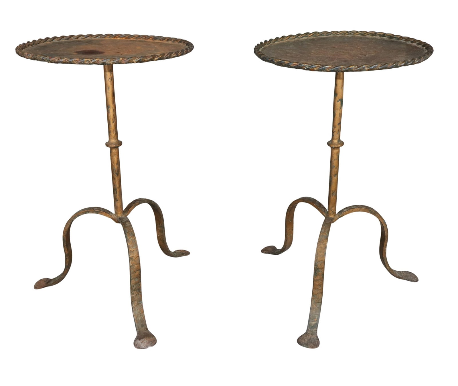 Pair of Spanish wrought iron martini tables with hammered tripod bases: Pair of Spanish wrought iron martini tables with hammered tripod bases. 20 1/4"h x 14 3/8"w x 13 1/2"d Weight: 10lbs total