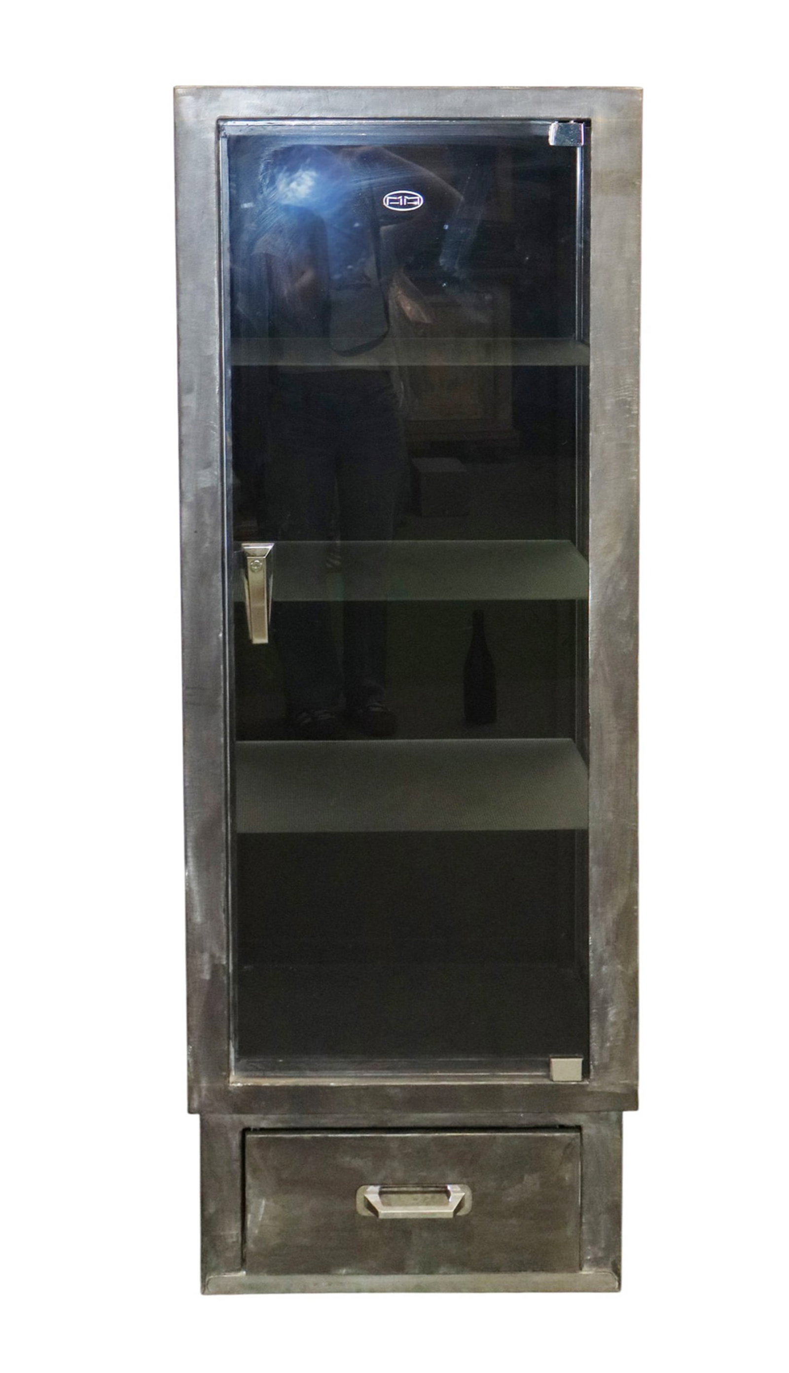 French mid century metal and glass dental cabinet: French mid century metal and glass dental cabinet. 60 1/2"h x 20 1/8"w x 15 3/8"d