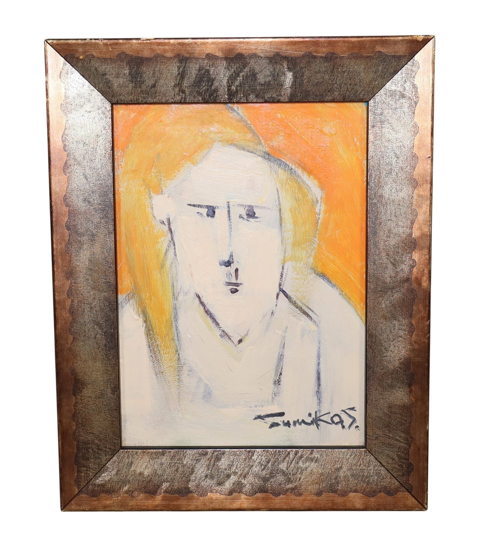 French oil on canvas Modernist portrait of a man: French oil on canvas Modernist portrait of a man. Signed lower right Sumikas. Framed: 11 1/4"h x 8 7/8"w Sight: 8 1/4"h x 6"w Weight: 1lb